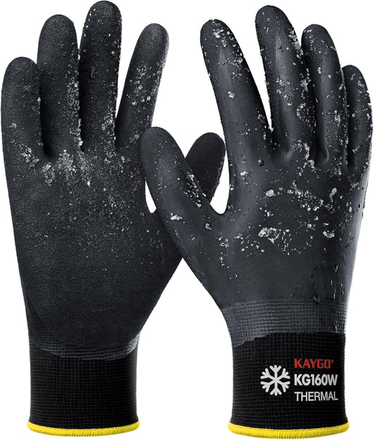 KAYGO Winter Waterproof Work Gloves for Men and Women, 3 Pairs Thermal Insulated Freezer Rubber Coated Gloves,Super Grip,KG160, XL, Black