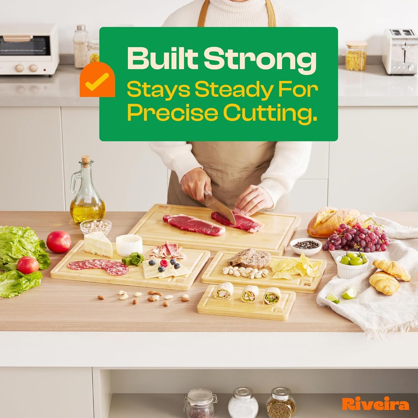 Riveira White Bamboo Wood Cutting Board – Versatile And Durable: Set Of 4 Pcs Rectangular Wooden Cutting Board – Natural Wooden Cutting Boards For Kitchen – Complete White Bamboo Wooden Chopping Board