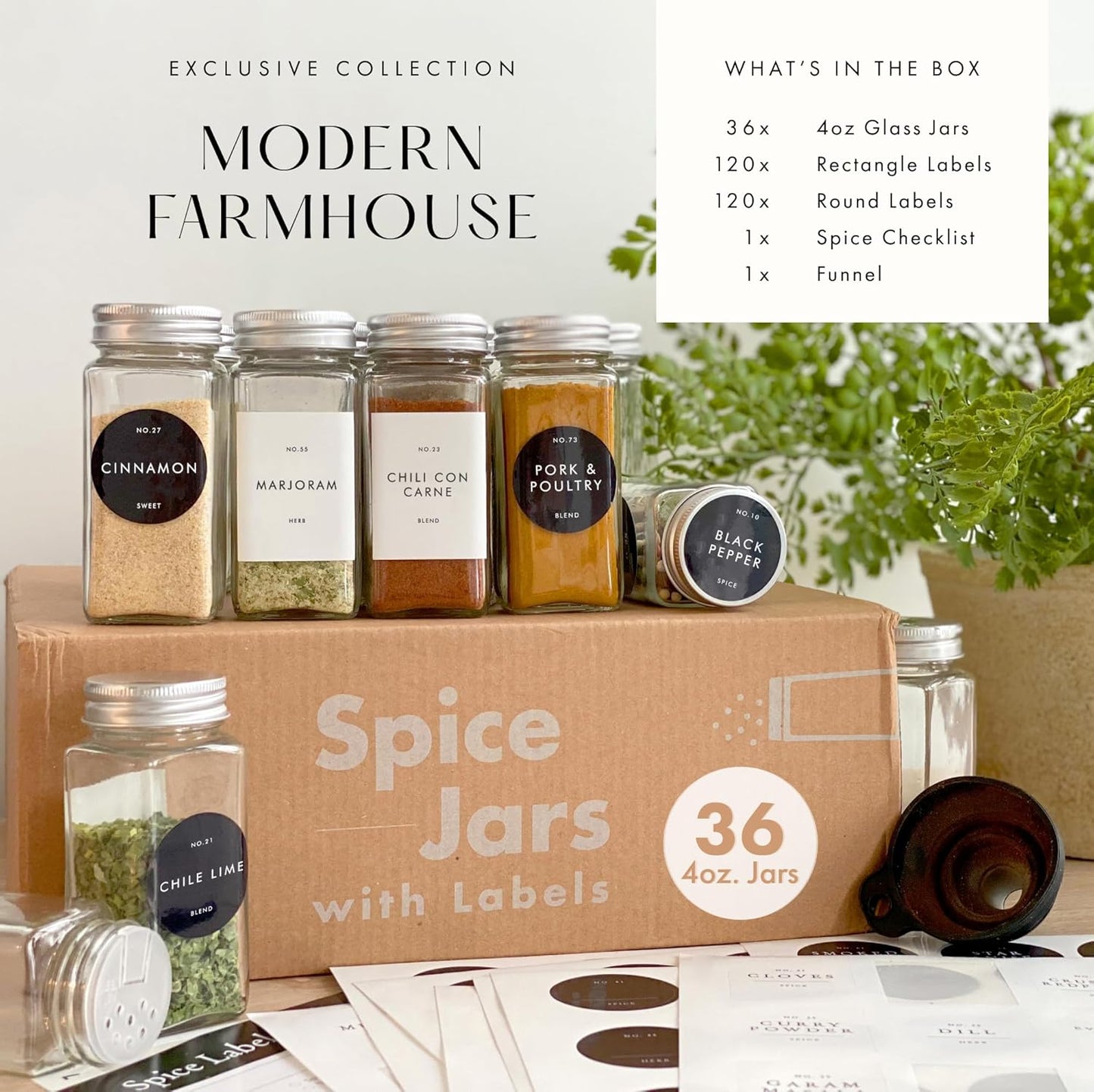 Glass Spice Jars with Labels with Metal Lids and Shakers Farmhouse 36 Pack Set, 4oz Small Clear Empty Spice Bottles Seasoning Containers with Label Organizer Square Herb Seasoning Jars for Kitchen