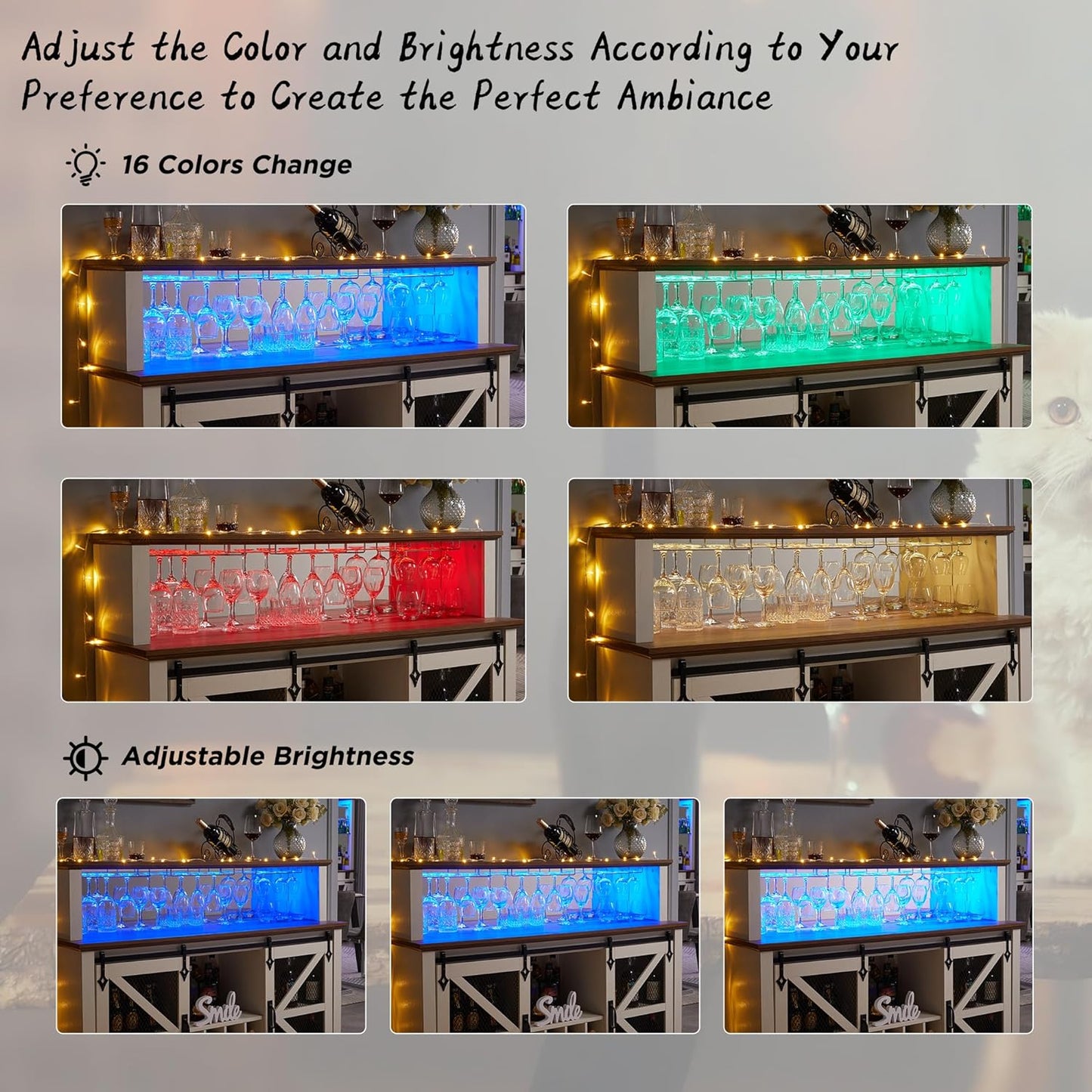 OKD Farmhouse Coffee Bar Cabinet with LED Lights, 55" Wine Bar Cabinet w/Sliding Barn Door & Wine and Glass Rack, Kitchen Buffet Cabinet w/Storage Shelves for Dining Room,Antique White