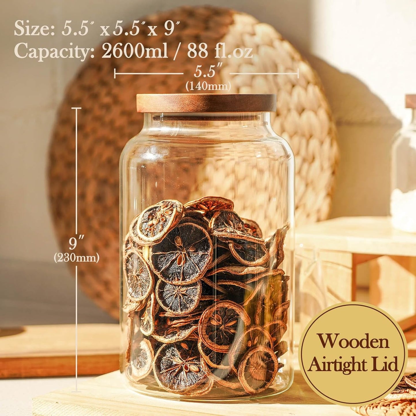 Labina Glass Storage Container Airtight Food Jars Kitchen Canister with Wood Lids, 88 Oz Wide Mouth Pantry Organization Glass Jar for Flour, Sugar, Cookie, Spagetti, Nuts and Candy