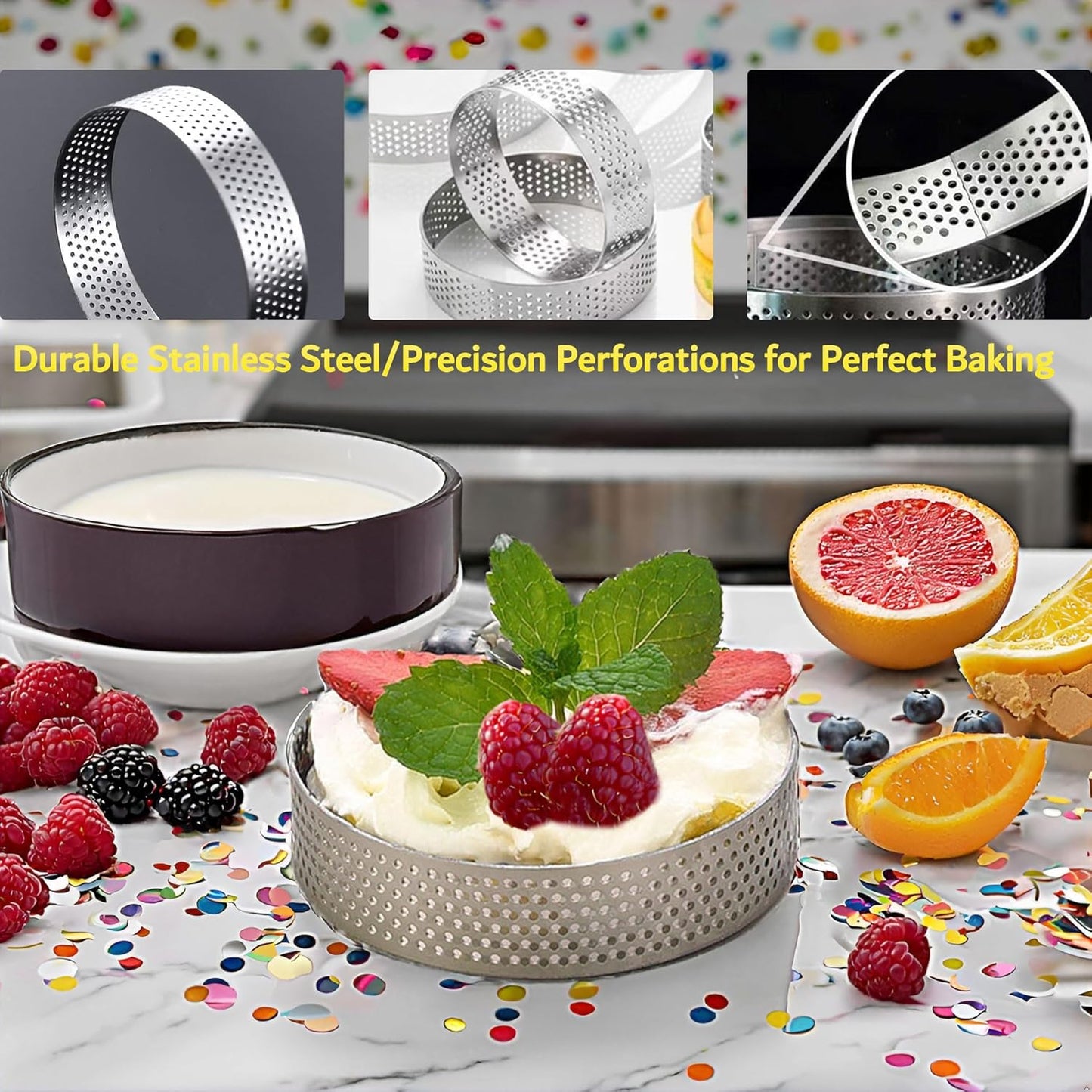 8Packs Perforated Tart Rings 3.15 Inch Stainless Steel Perforated Cake Rings, Round Tart Ring Molds for Cookies, fruit tarts, Prevent Soggy Crust & Even Baking