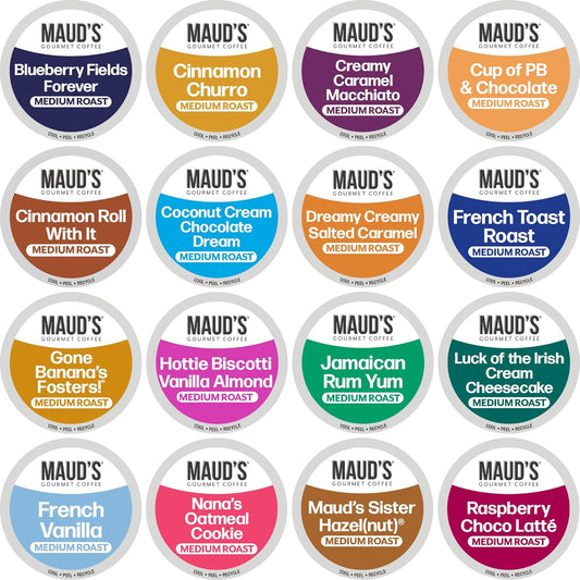 Maud's Super Flavored Coffee Pods Variety Pack, 80 ct, 16 Assorted Flavors, Medium Roast Flavored Coffee in Recyclable Single Serve Pods – 100% Arabica Beans, Compatible with Keurig K Cups Maker