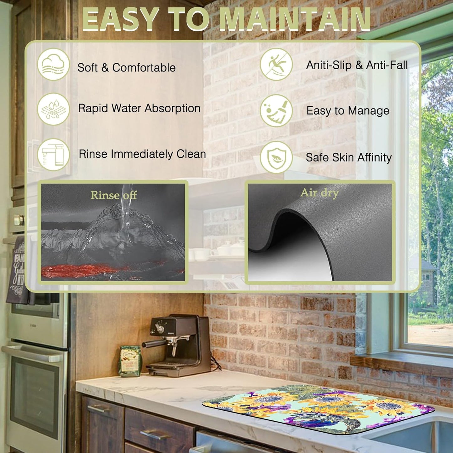 Dish Drying Mat Watercolor Sunflowers Irisflowers Floral Kitchen Mat 12"x19" Bsorbent Coffee Maker Mat for Dishes,Utensils Coffee Maker Pots and Pans Easy Clean Dish Slip Resistant Pad