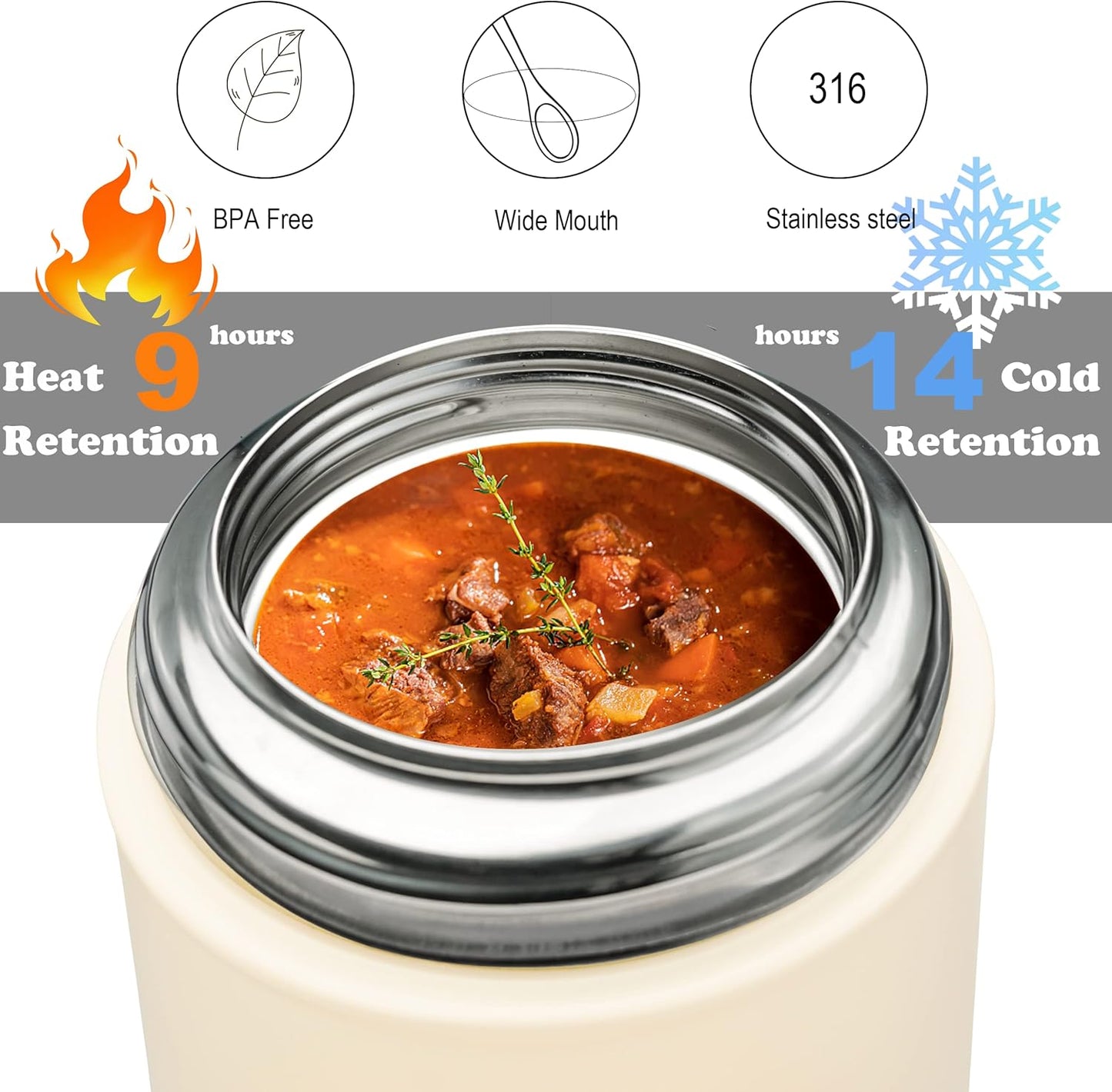 Thermo for Hot Food & Drinks, Thermo Lunch Box, 17oz Vacuum Insulated Food Container with Spoon&Drawstring Bag, Soup Thermo for Adults, White