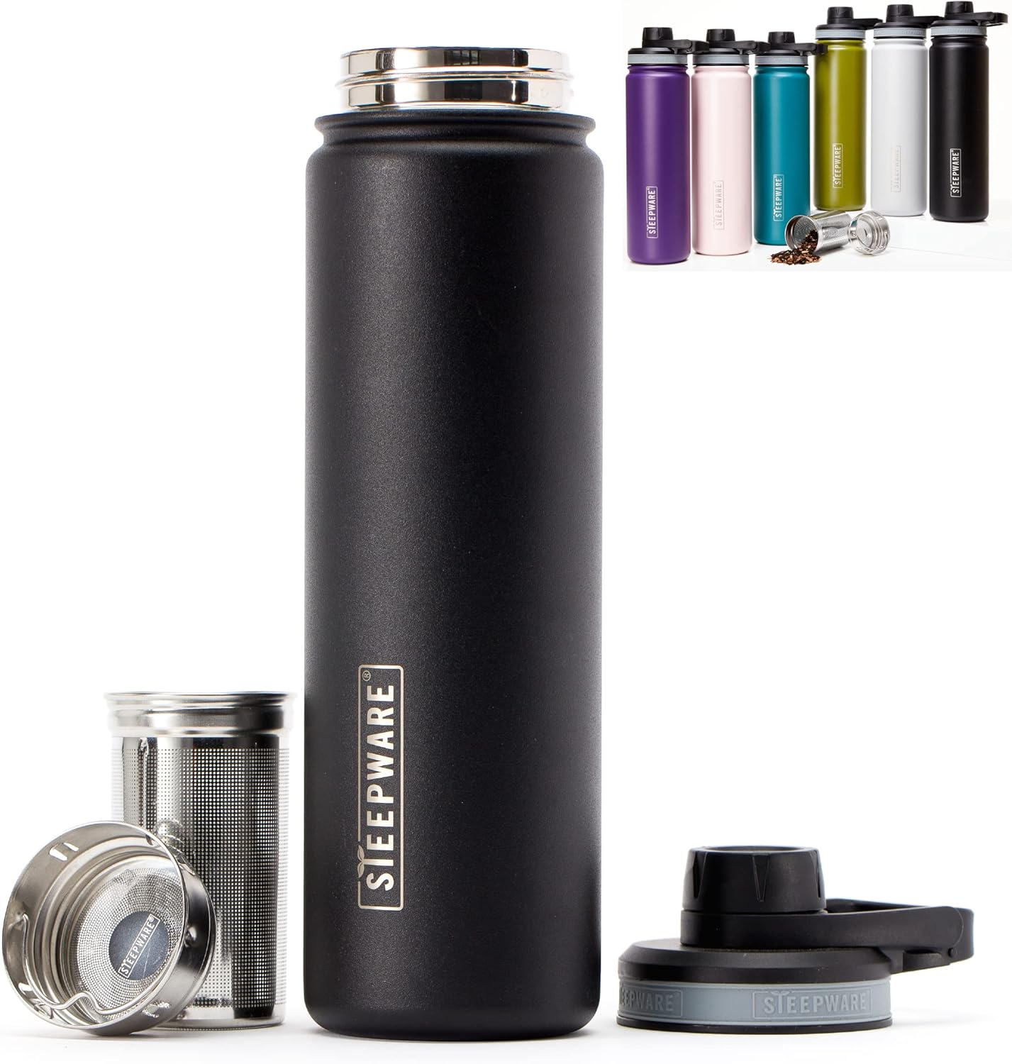 The Tea Spot Steepware Tea Tumbler and Thermos, 22oz, Tea Bottle with tea infuser for loose leaf tea or iced coffee, Sleek Double Wall Tumbler & Insulated Travel Bottle - Black