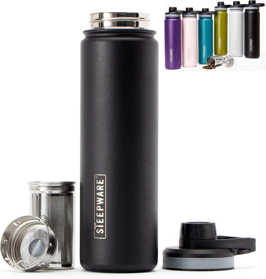 The Tea Spot Steepware Tea Tumbler and Thermos, 22oz, Tea Bottle with tea infuser for loose leaf tea or iced coffee, Sleek Double Wall Tumbler & Insulated Travel Bottle - Black