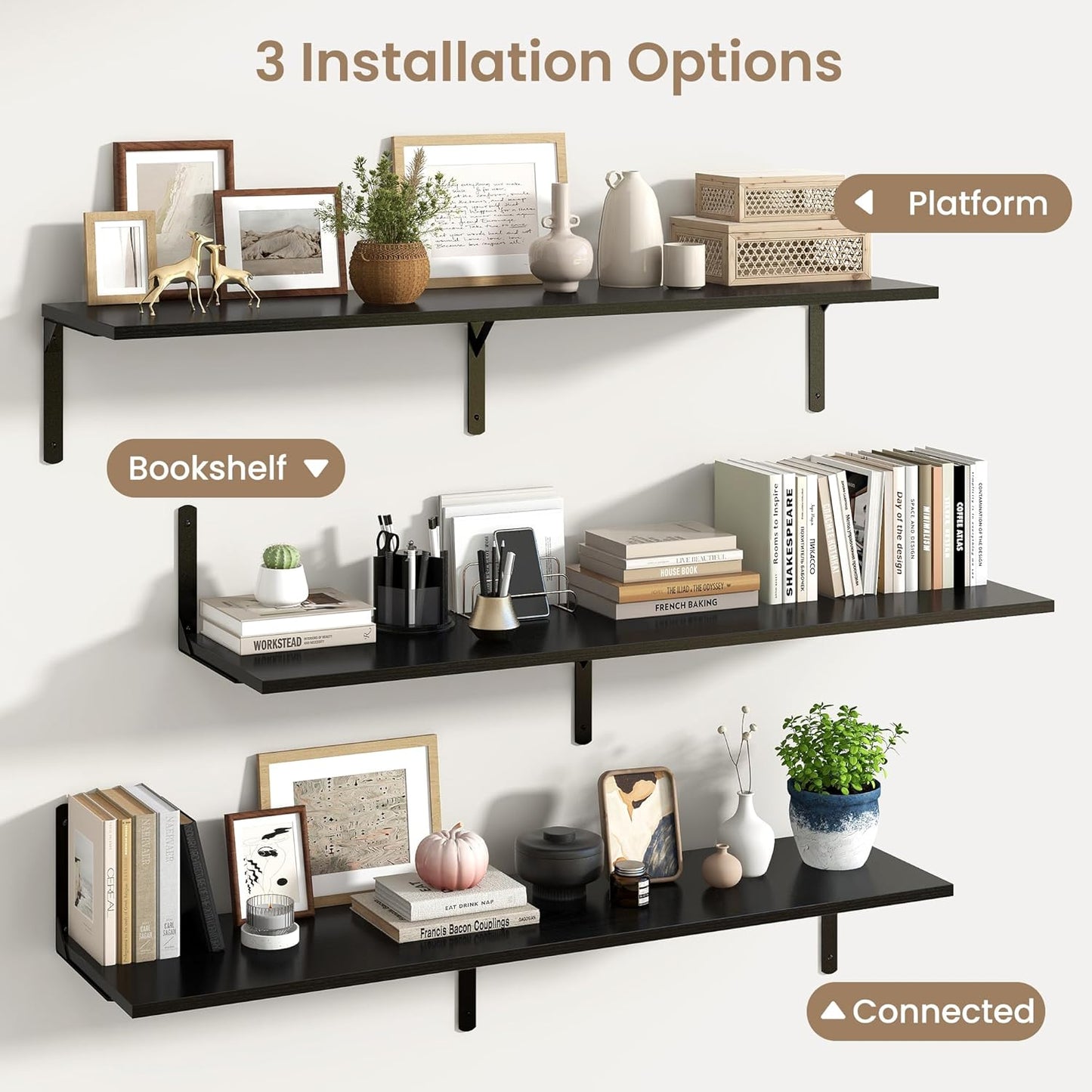 Fun Memories Floating Shelves for Wall, 12 Inch Deep Floating Shelves Set of 2, Wall Mounted Shelf with Metal Brackets, Rustic Wood Wide Shelf for Bathroom, Kitchen and Living Room, Black, 55W x 12D
