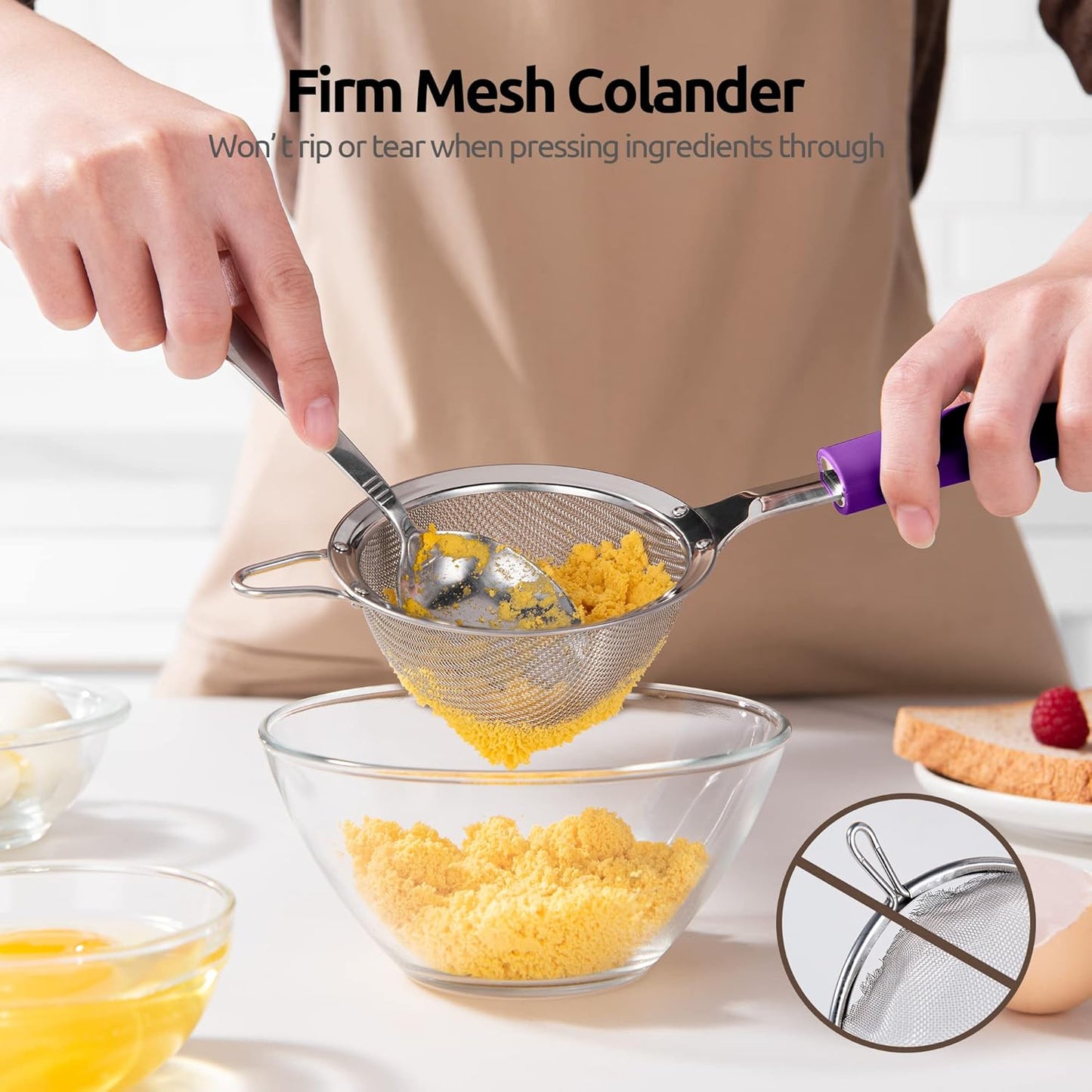 18/8 Stainless Steel Mesh Strainer: U-Taste 3.9 Inch Kitchen Fine Mesh Sieve Food Colander with Riveted Sturdy Silicone Handle and 30 Mesh Hole for Straining Flour, Quinoa, Tea, Juice (Purple)