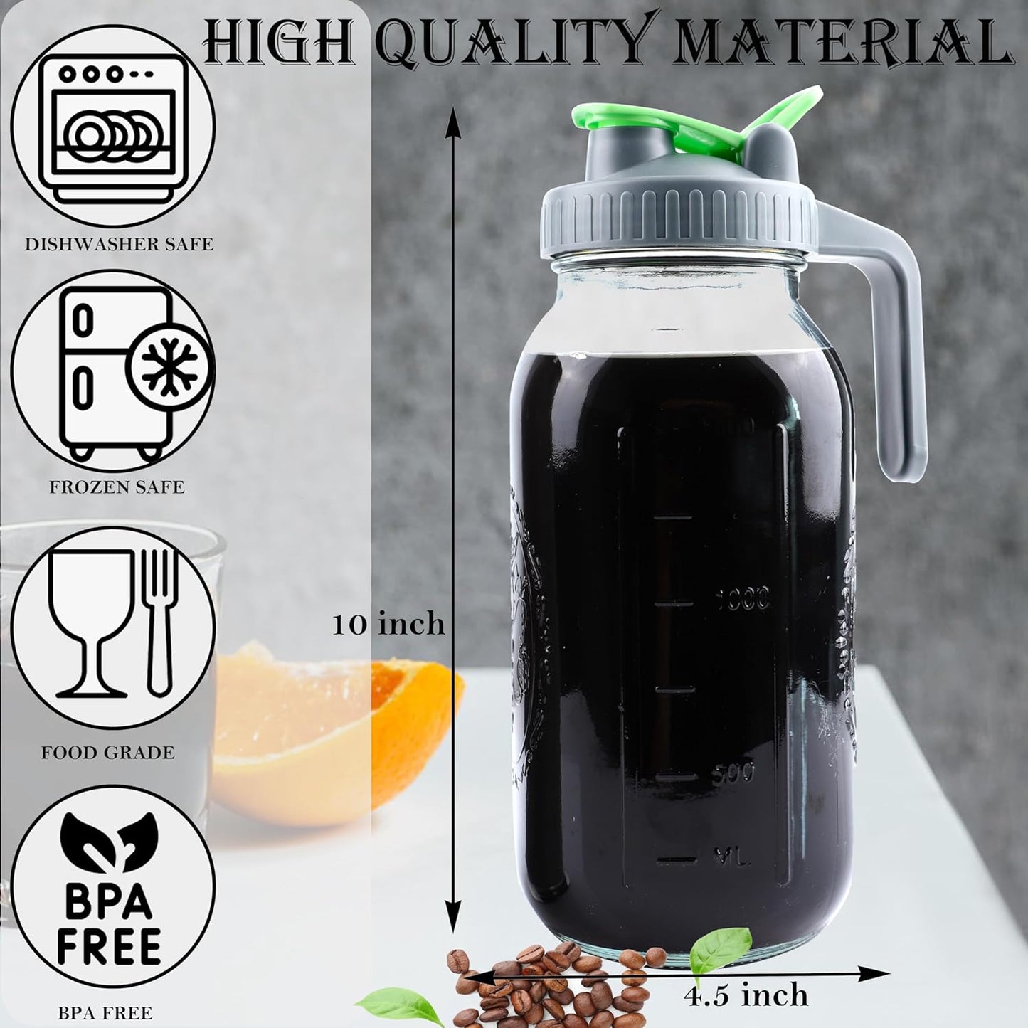 Cold Brew Coffee Maker 64 Oz Mason Jar Iced Tea Pitcher With Strainer 2 Set Half Gallon Glass Pitcher With Spout Lid 2 Quar Water Jug For Fridge Beverage, Sun Tea, Hot Cold Brew, Lemonade, Juice