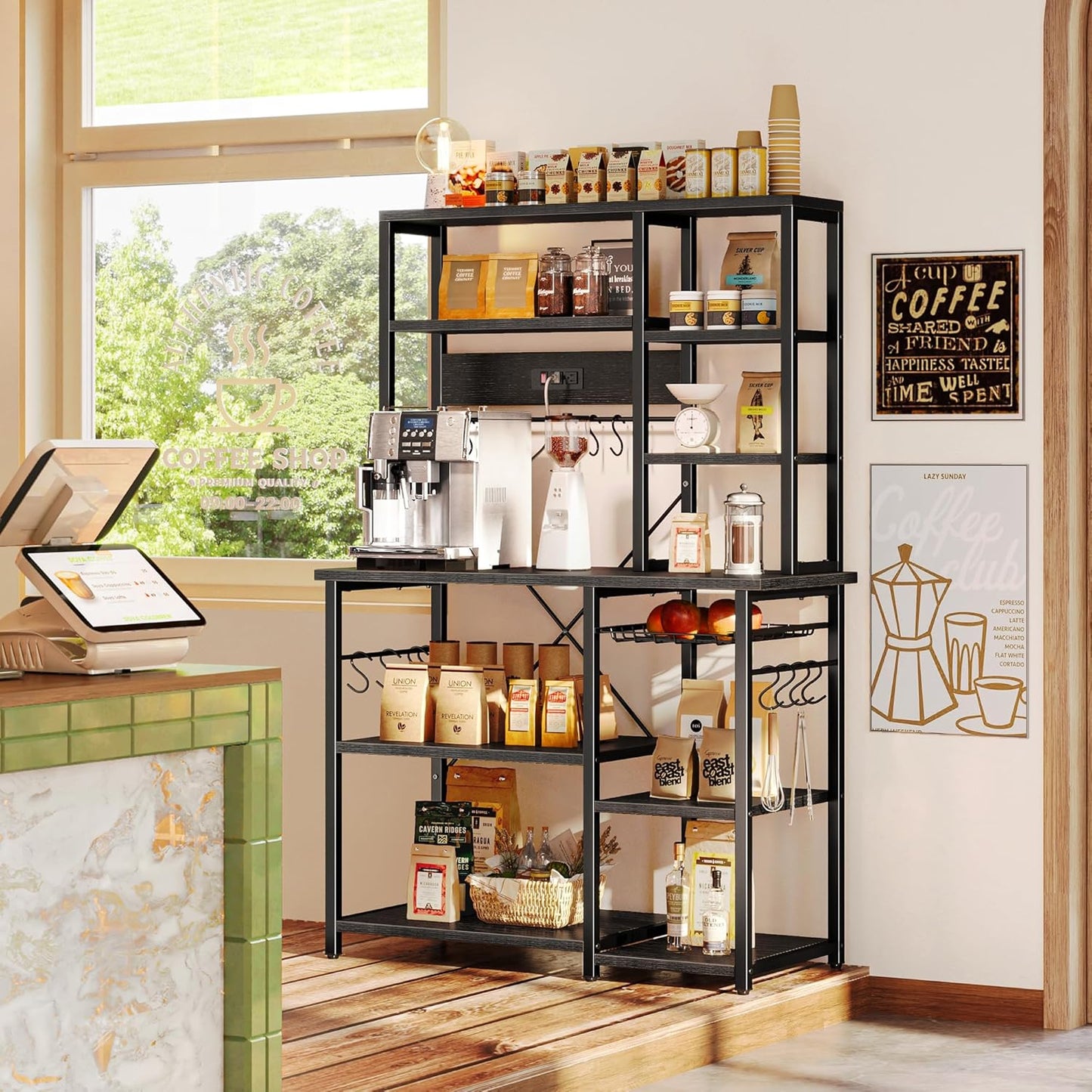 SUPERJARE Large Bakers Rack with Power Outlets, 6-Tier Microwave Stand, Coffee Bar with 12 S-Shaped Hooks, Kitchen Shelf with Wire Basket, 39.3 x 15.5 x 66.9 Inches, Black