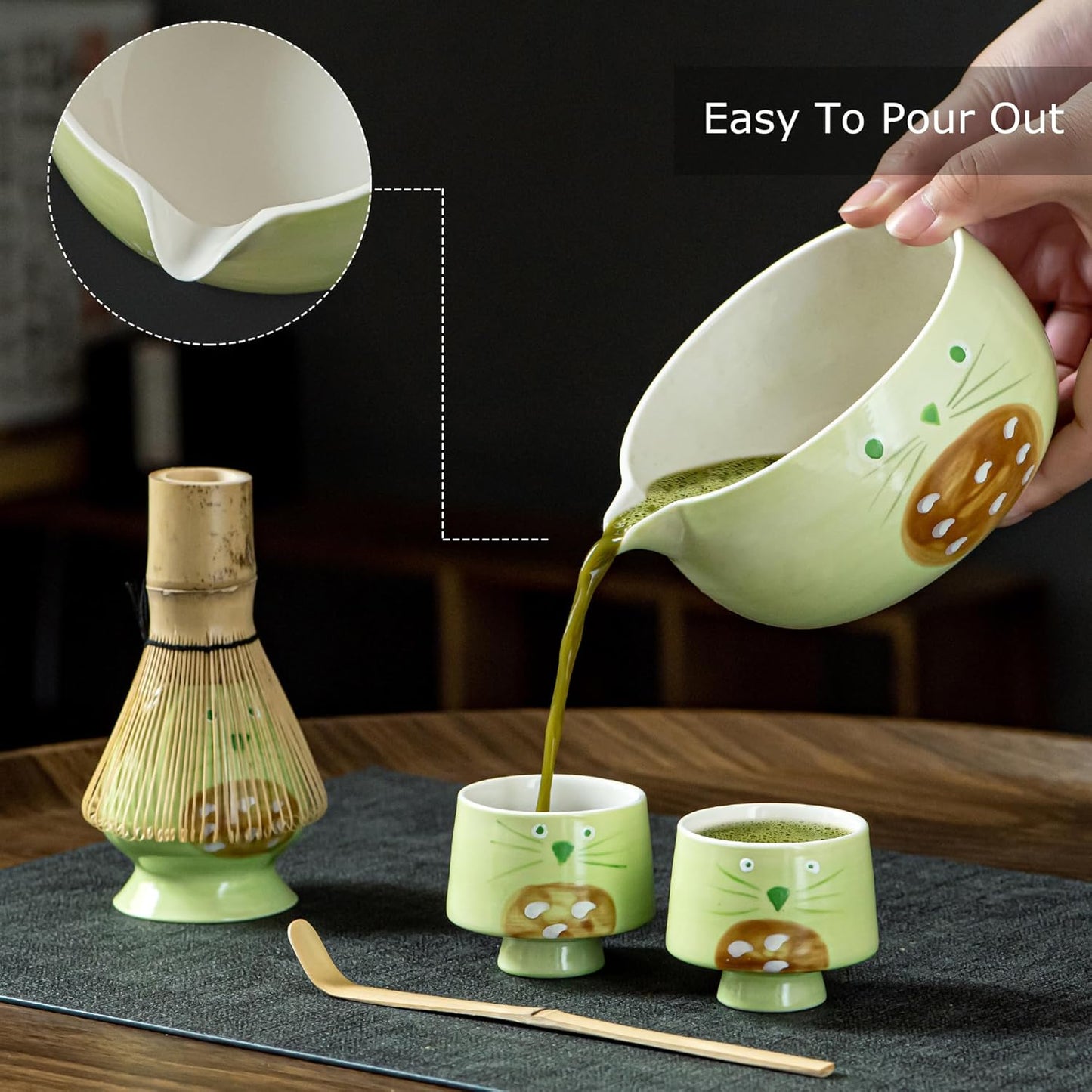 Green Matcha Set -Cute Cat Matcha Kit Includes Ceramic Bowl, Whisk and Holder, Bamboo Scoop - 6 Pcs Matcha Whisk Set for Matcha Lovers