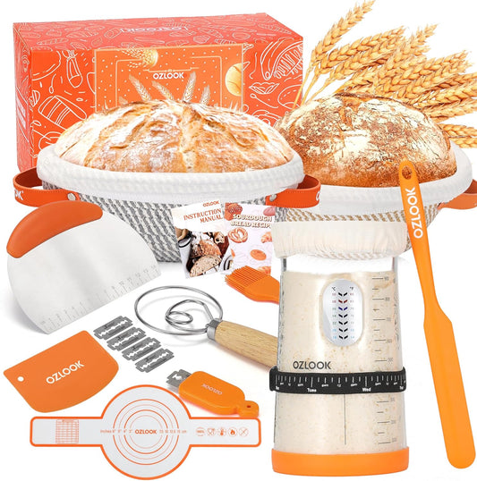 Sourdough Starter Kit,34oz Sourdough Starter Jar,2 X Cotton Rope Banneton Bread Proofing Basket with Bread Lame, Scraper,Sling, Dough Whisk,Perfect Gifts for Bakers Sourdough Bread Baking Supplies