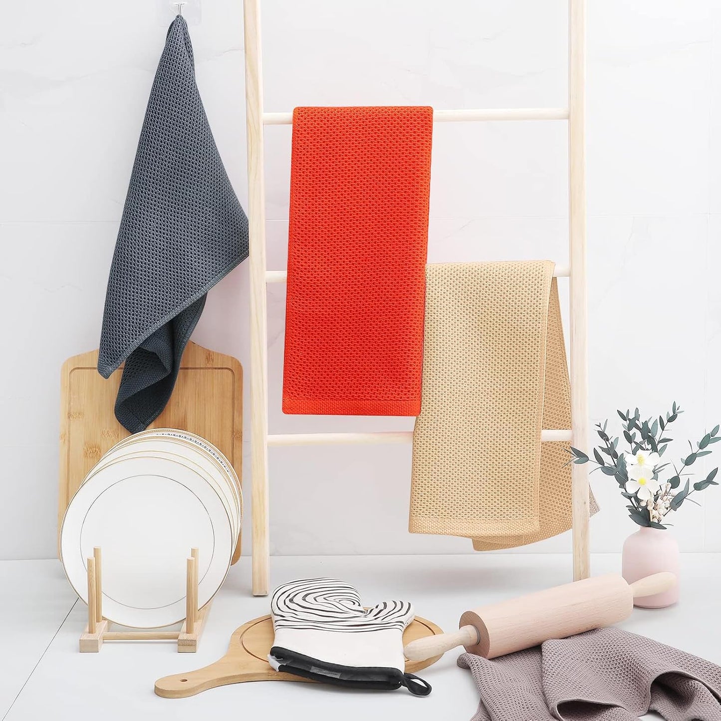 Homaxy 100% Cotton Waffle Weave Kitchen Dish Towels, Ultra Soft Absorbent Quick Drying Cleaning Towel, 13 x 28 Inches, 6-Pack, Apricot