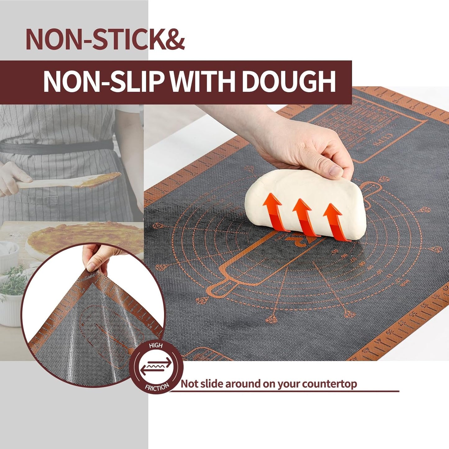 Silicone Pastry Mat Extra Large with Measurements 26''x16'' for Reusable,Non-slip Silicone Baking Mat, Counter, Dough Rolling, Oven Liner,Fondant/Pie Crust (Translucent_Orange, 16''W x 26''L)