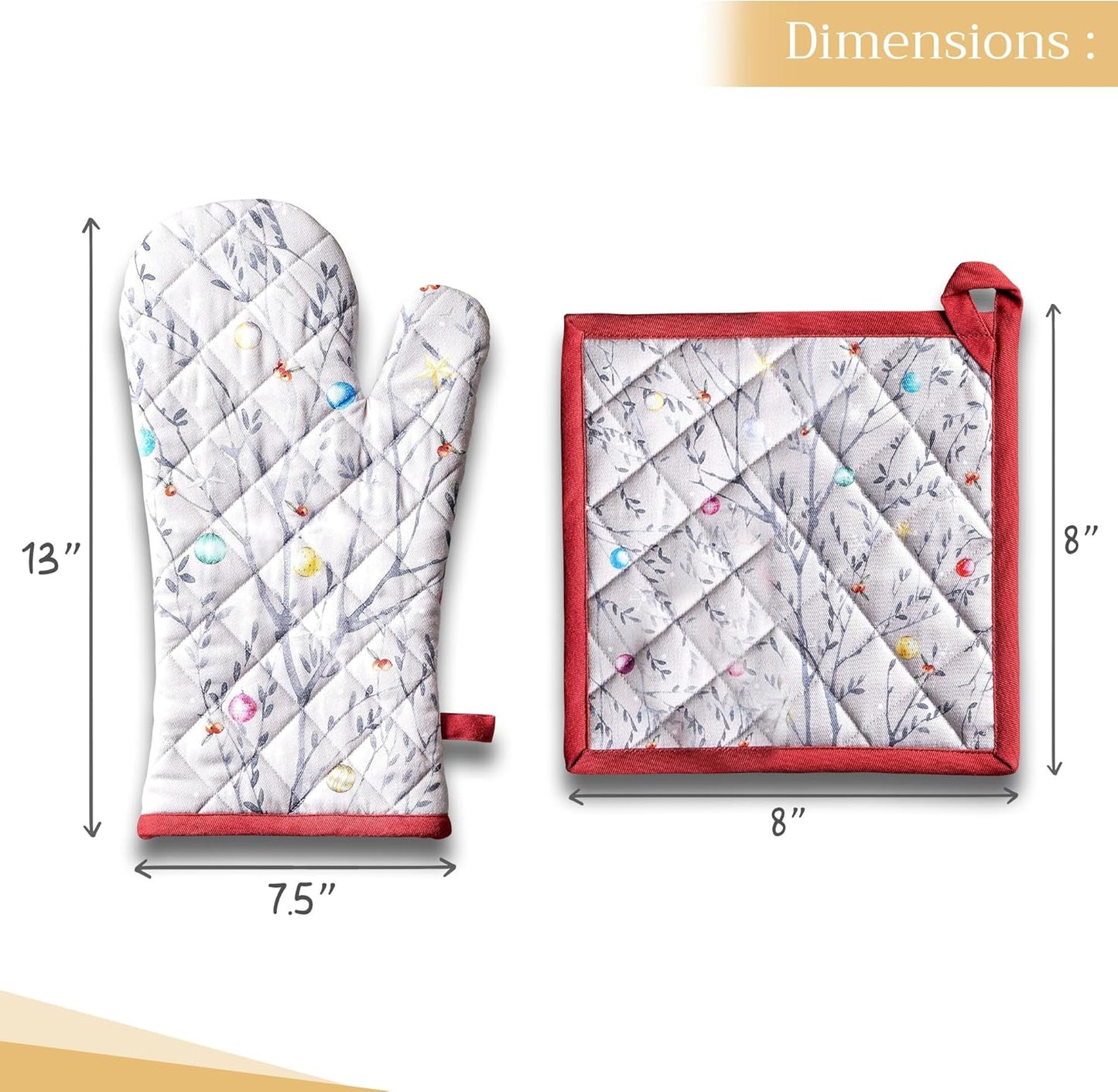 Maison d' Hermine 100% Cotton Oven Mitt & Pot Holder Set (7.5"x13" & 8"x8") Heat Resistant BBQ Cooking Gloves with Loop, Baking, Grilling, Kitchen, Handling Hot Pans (Fairy Christmas)