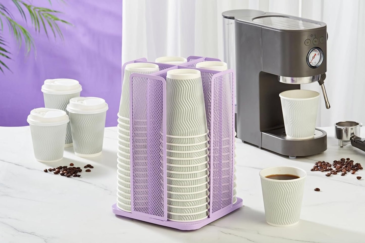Annova Paper/Plastic Cup and Lid Holder Plastic Storage Organizer, 360°Rotating Coffee Mup Dispenser with 4 Compartments, Multifunctional Storage Rack for Home, Office, Bar, Coffee Shop (Lilac)