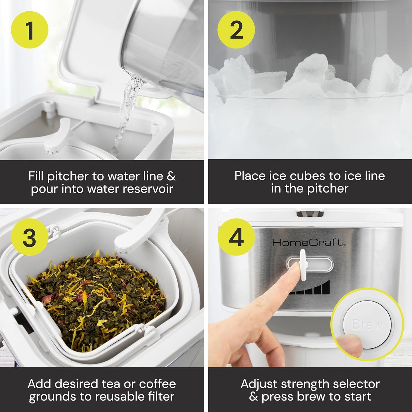 HomeCraft 3-Quart White Stainless Steel Café' Iced Tea And Iced Coffee Brewing System, 12 Cups, Strength Selector & Infuser Chamber, Perfect For Lattes, Lemonade, Flavored Water, Large Pitcher