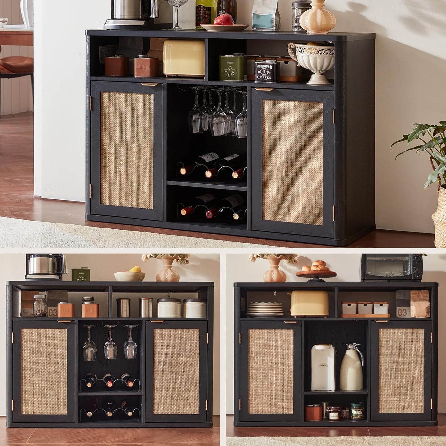 Lerliuo 47.2" Rattan Wine & Liquor Cabinet with 2 Doors, Boho Farmhouse Coffee Bar Station, Built-in Wine Racks & Storage, Adjustable Shelves for Living Room, Dining Room, Kitchen, Black