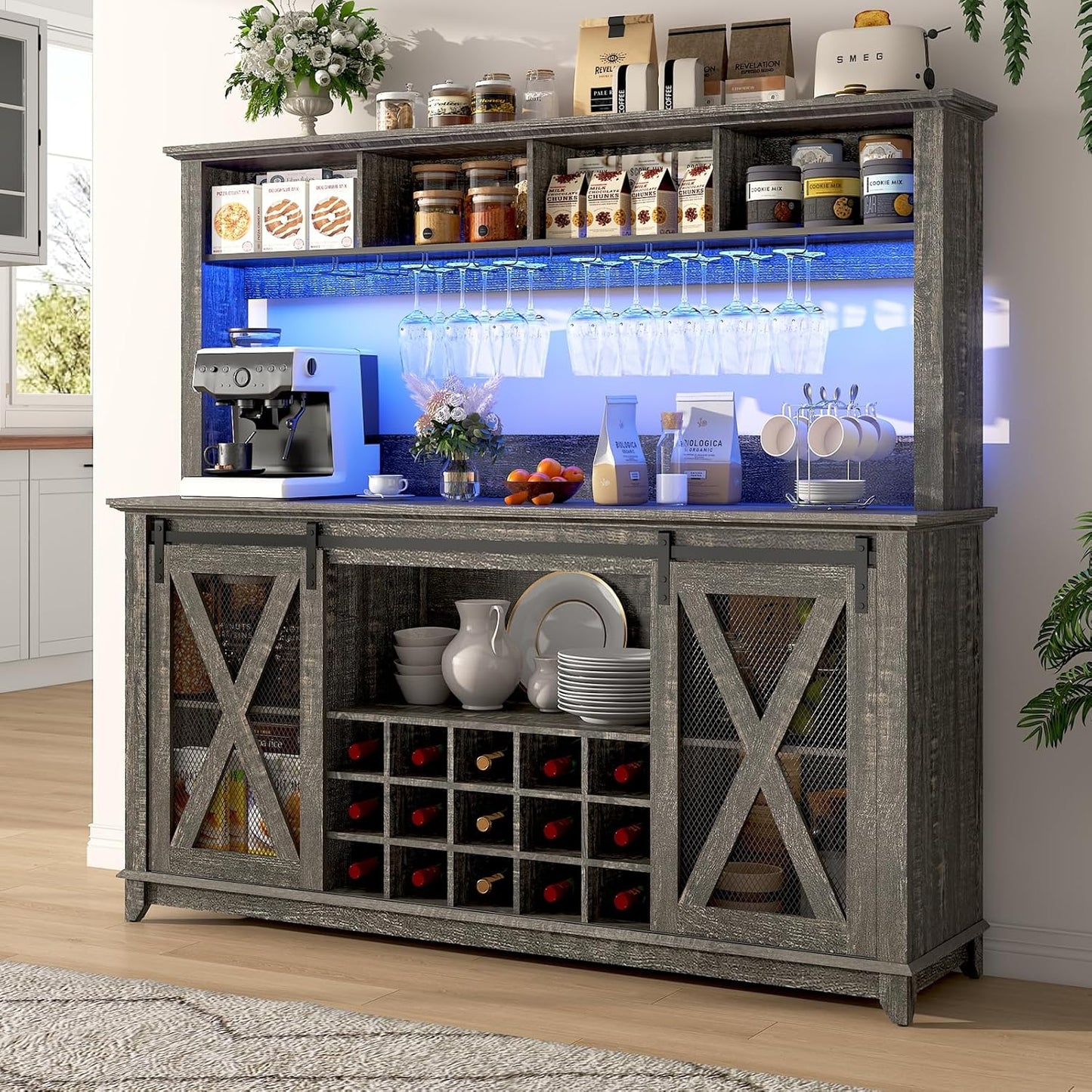 63"W Farmhouse Coffee Bar Cabinet with LED Light,Wine Bar Cabinet w/ 4 Tier Storage Hutch,Kitchen Buffet Cabinet w/Sliding Barn Door & 15 Wine and Glass Racks for Kitchen Dining Room(Dark Rustic Oak)