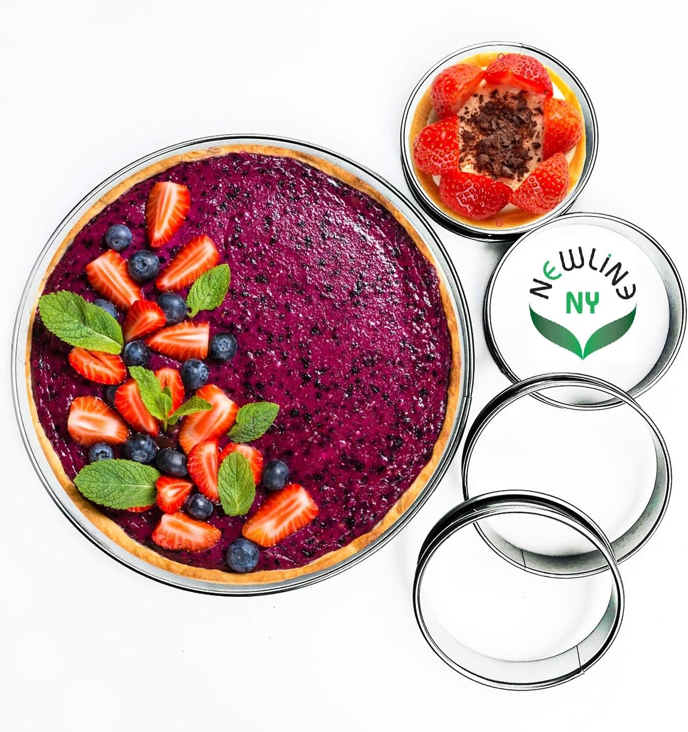 NewlineNY Stainless Steel 5 Pcs double rolled edges Circular Round Tart Rings, Pastry Muffin Molding Plating, Set of 5 : 1 x (28cm 11") + 4 x (10cm 4") x (2.2cm 0.85" H)