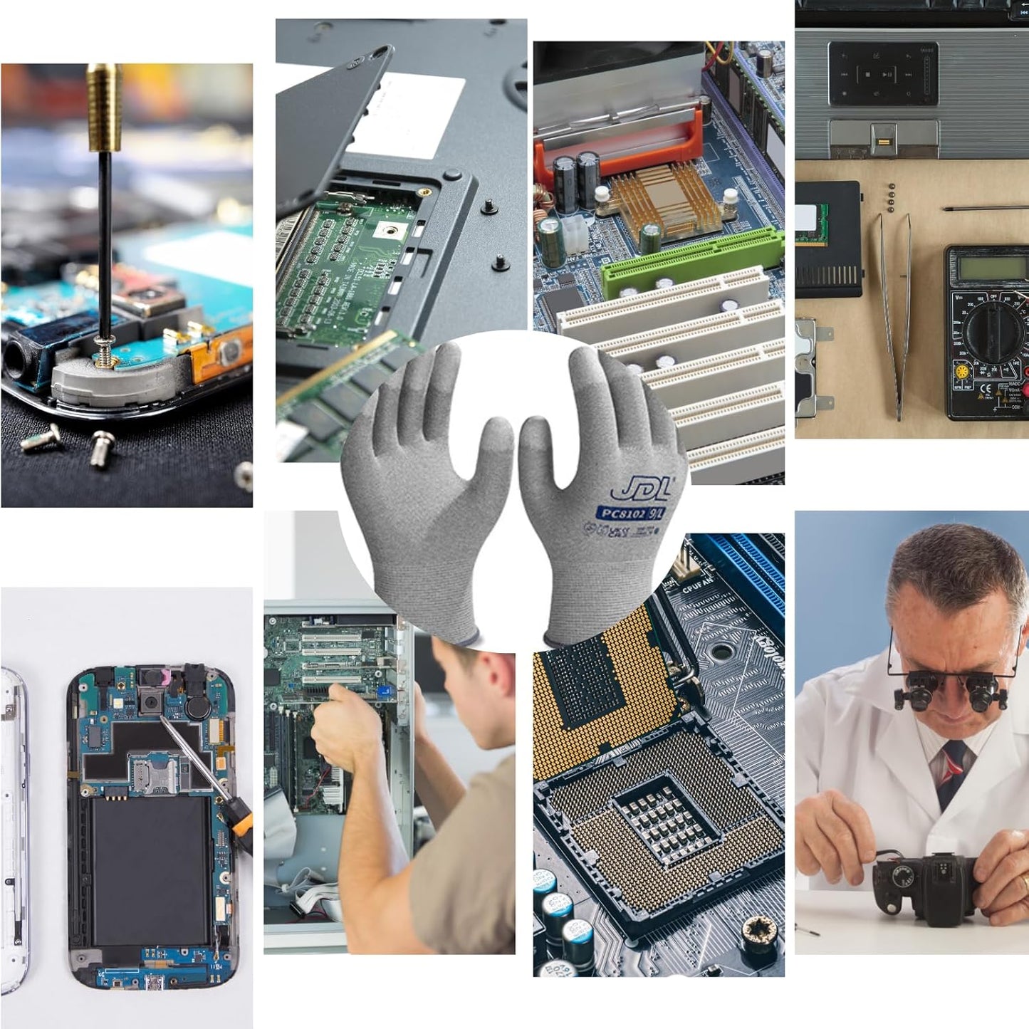 JDL ESD Work Gloves, Anti-Static Gloves for PC Building, 6 pairs, Computer Installation & Repair, High Resistance Carbon Fiber Gloves, X-Large