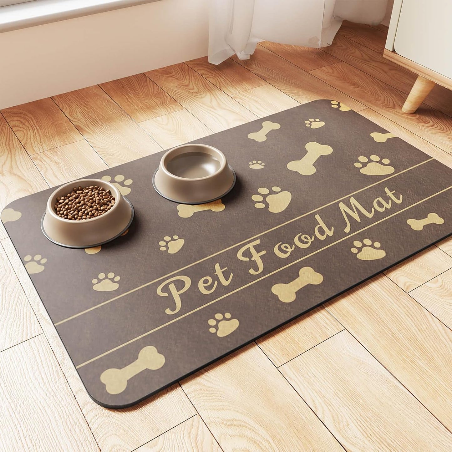 Pet Feeding Mat-Absorbent Pet Placemat for Food and Water Bowl, with Waterproof Rubber Backing, Quick Dry Water Dispenser Mat for Dog and Cat (17"x27", Brown)