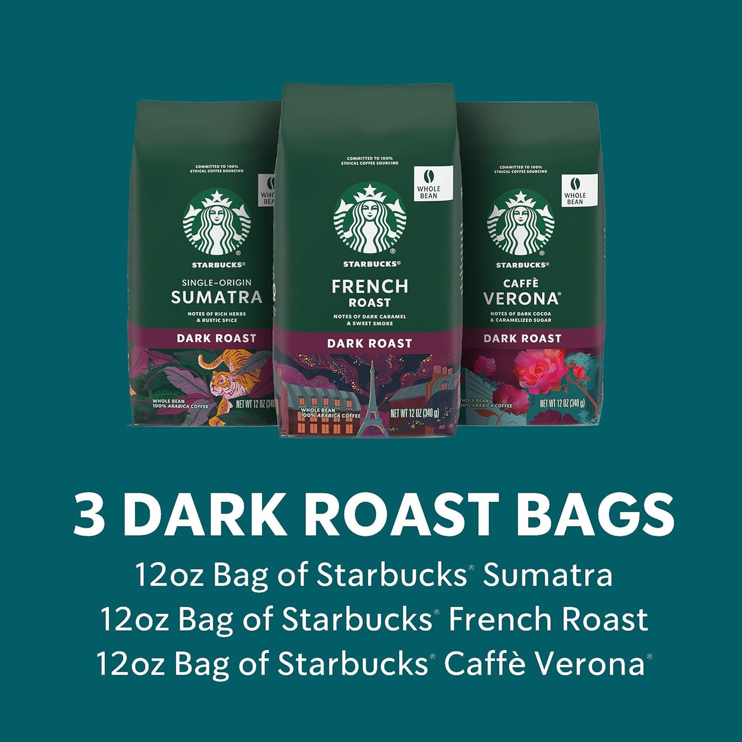 Starbucks Dark Roast Ground Coffee, Variety Pack, 3 bags (12 oz each)