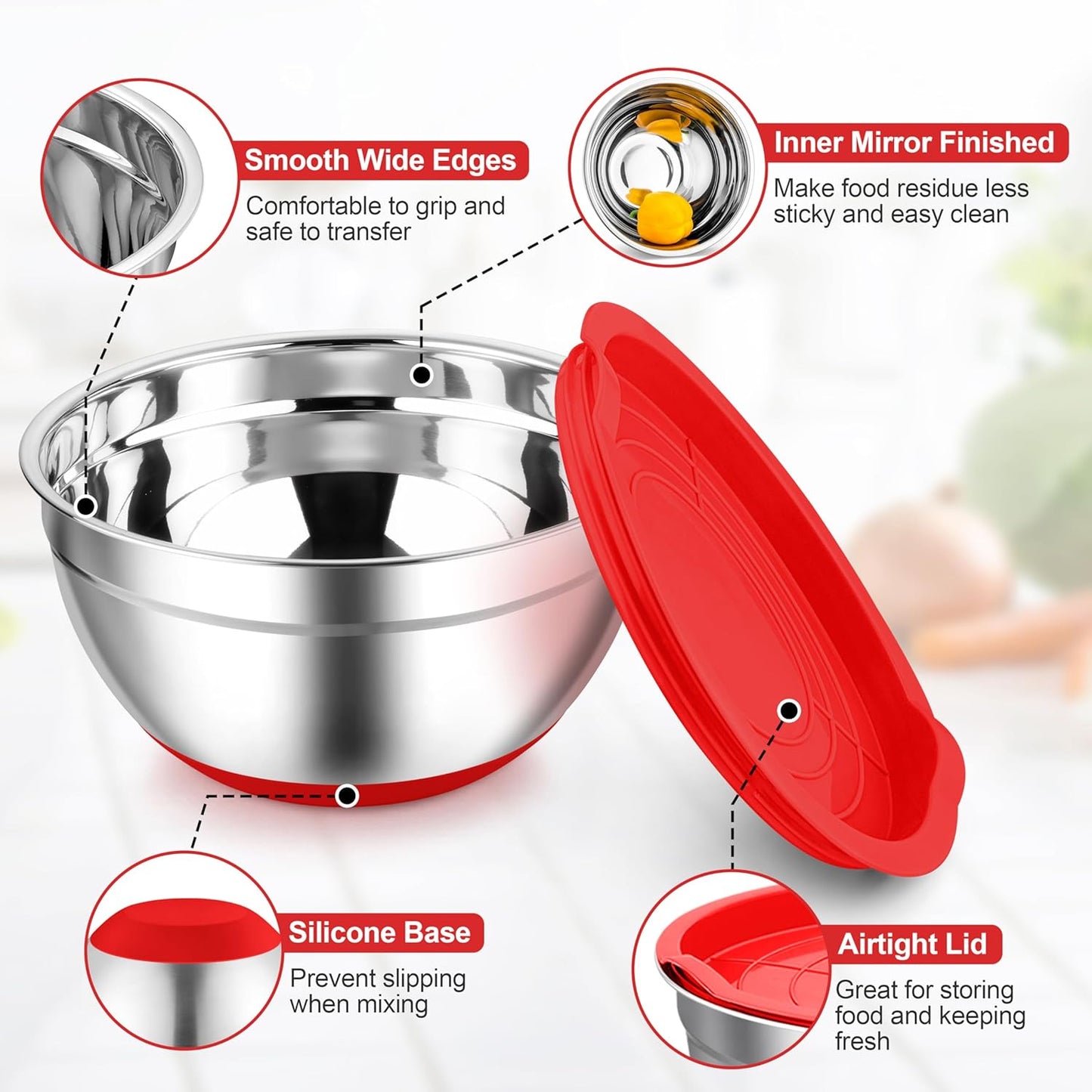 TeamFar Mixing Bowls, Red Mixing Bowls with Lids Set, Stainless Steel Nesting Salad Bowl with Air-tight Lid & Silicone Bottom, Non Slip & Stackable - Set of 6-4.6/2.6/2 / 1.5/1 / 0.7 Qt