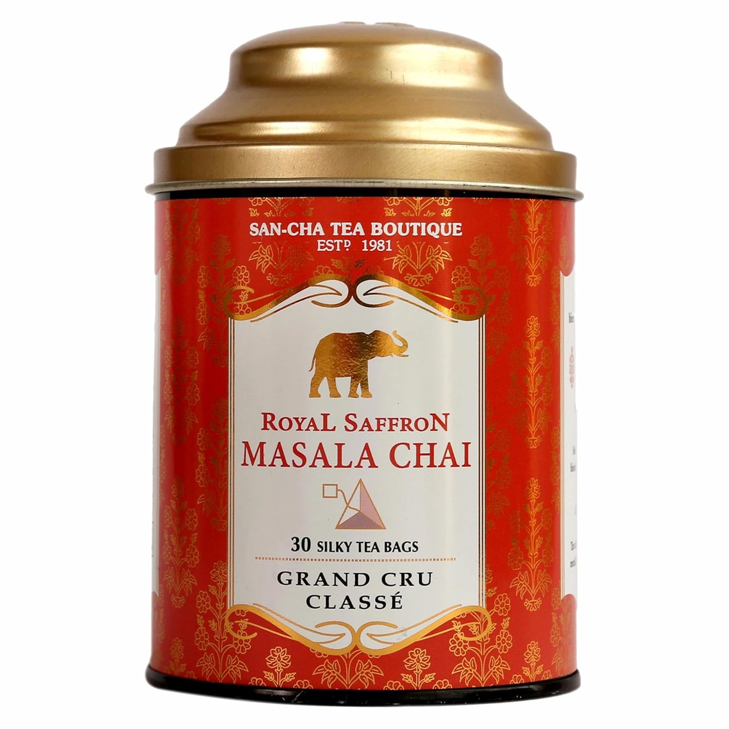 Sancha Tea Boutique Royal Saffron Chai | 30 Pyramid Bags | Masala Chai with Real Kashmiri Saffron & Premium Assam Tea | India’s Famous Spiced Tea