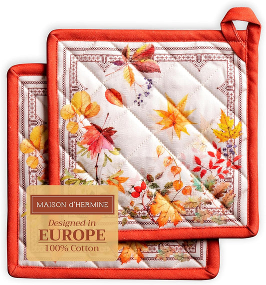 Maison d' Hermine Pot Holders Set 100% Cotton Heat Resistant Potholders 8" x 8" Hot Pads with Loop BBQ, Cooking, Baking, Grilling, Kitchen, Handling Hot Pans (Pack of 2, Amarante)