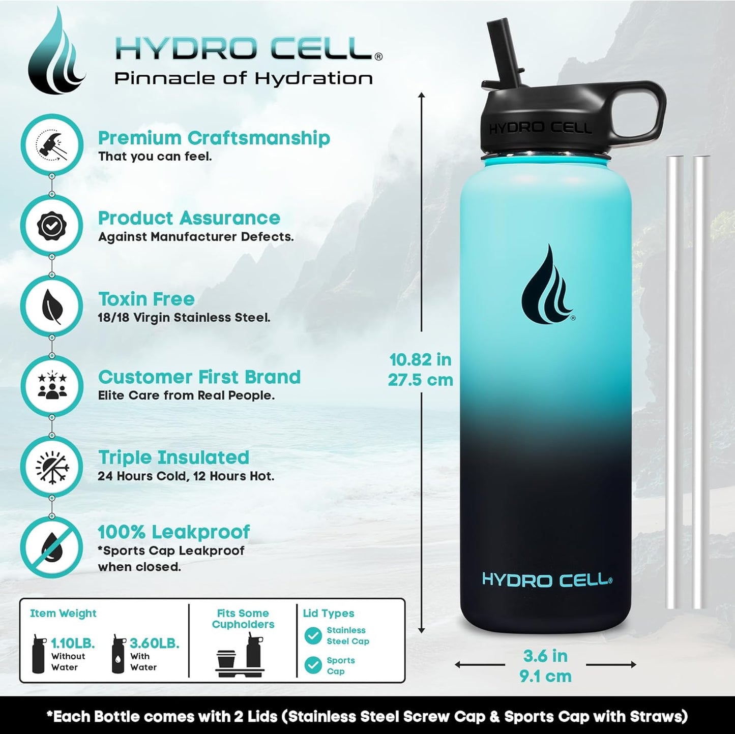 HYDRO CELL Stainless Steel Insulated Water Bottle with Straw - For Cold & Hot Drinks - Metal Vacuum Flask with Screw Cap and Modern Leakproof Sport Thermos for Adults (Teal/Black 40oz)