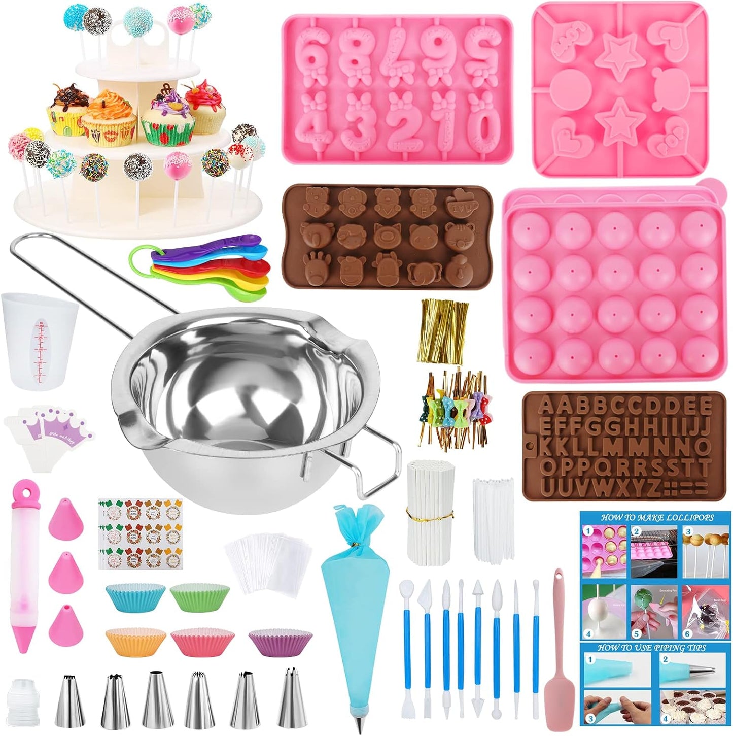 Cake Pop Maker Kit 618Pcs with 5 Silicone Mold Sets - 3 Tier Display Stand, Chocolate Candy Melting Pot,Piping Tips and Coupler, Measuring Cup, Muffin Cupcakes, Decorating Pen, Lollipop Sticks