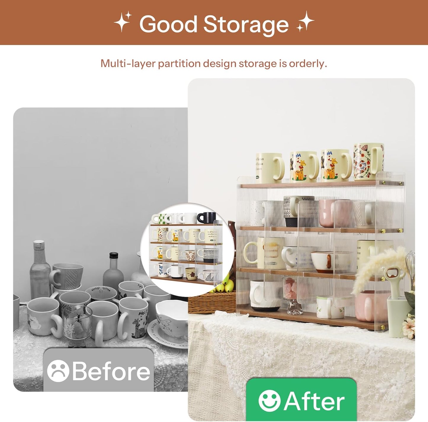 Coffee Mug Holder Wooden Cup Station Organizer 4-Tier Cup Holder for Coffee Bar Mug Display Rack for Countertop Mug Holder Shelf for Home Kitchen Nut Brown