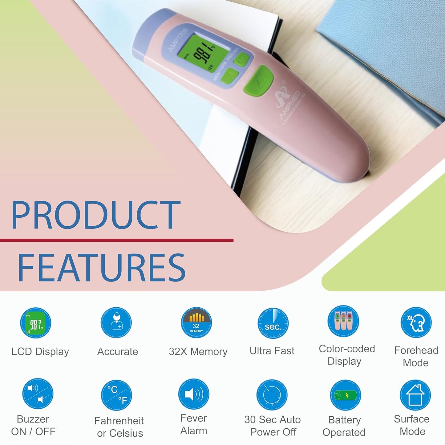 Amplim Non-Contact Forehead Thermometer for Adults, Kids & Infants | Ampmed No-Touch Medical Grade Temporal Fever Thermometer with Case, Nurse Accessories for Work, FDA-Cleared Pink Termometro Digital