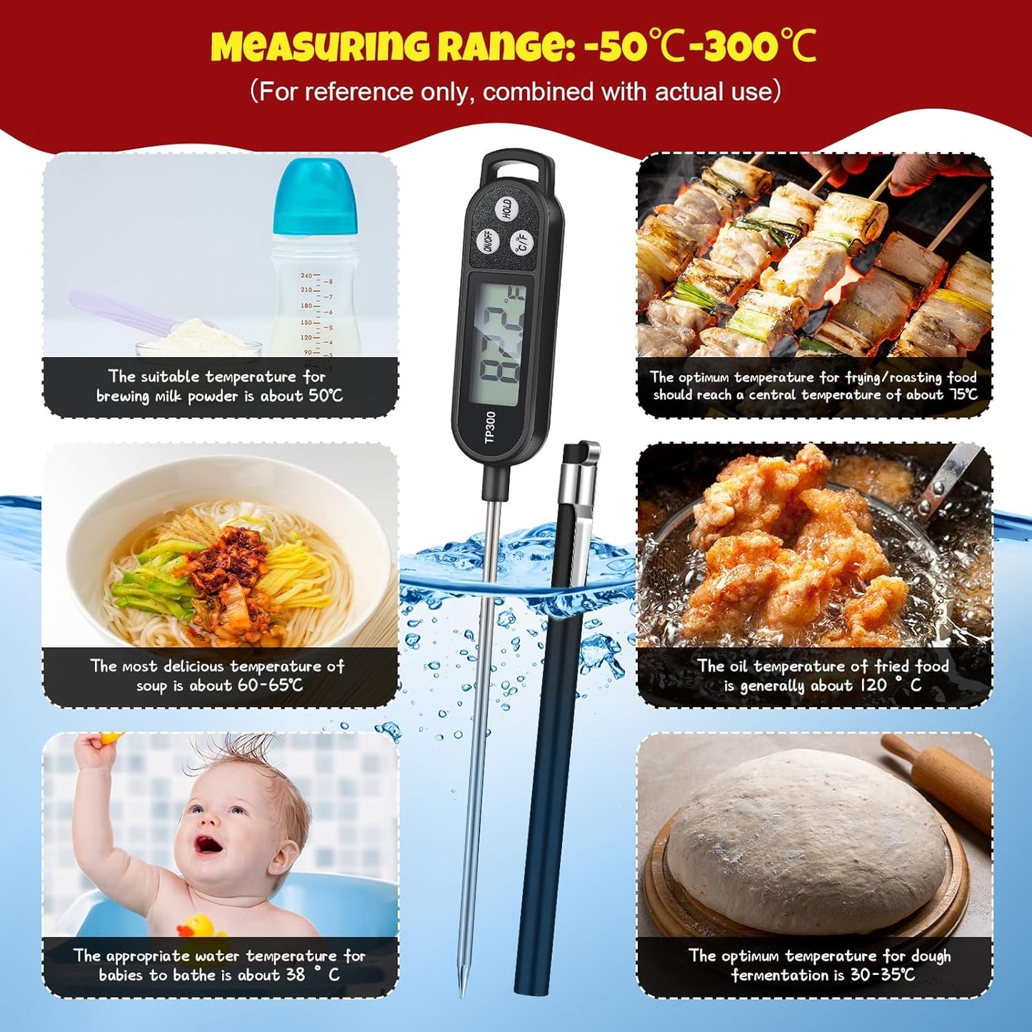 12 Pcs Meat Food Thermometer Food with Probe Water Liquid Instant Read Digital Thermometer Kitchen Cooking Supplies for Cooking BBQ Milk Yogurt (Black,White,Red)