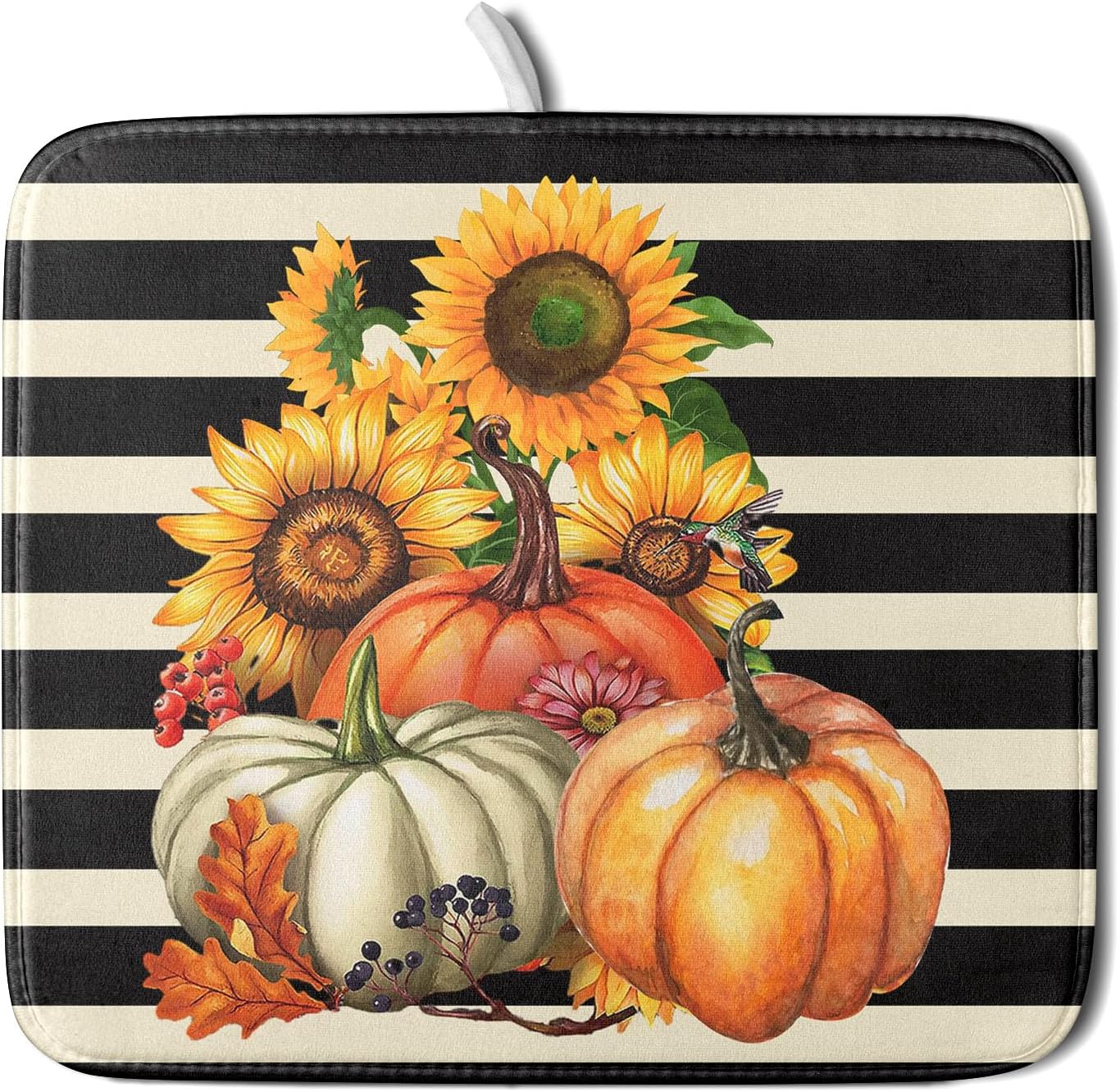 Sunflower Pumpkin Dish Drying Mat for Kitchen Counter,Black and White Stripe Drying Mat 16 x 18 Inch with Absorbent Reversible Microfiber Dish Drying Pad Dish Rack Drainer Mat for Coffee Bar