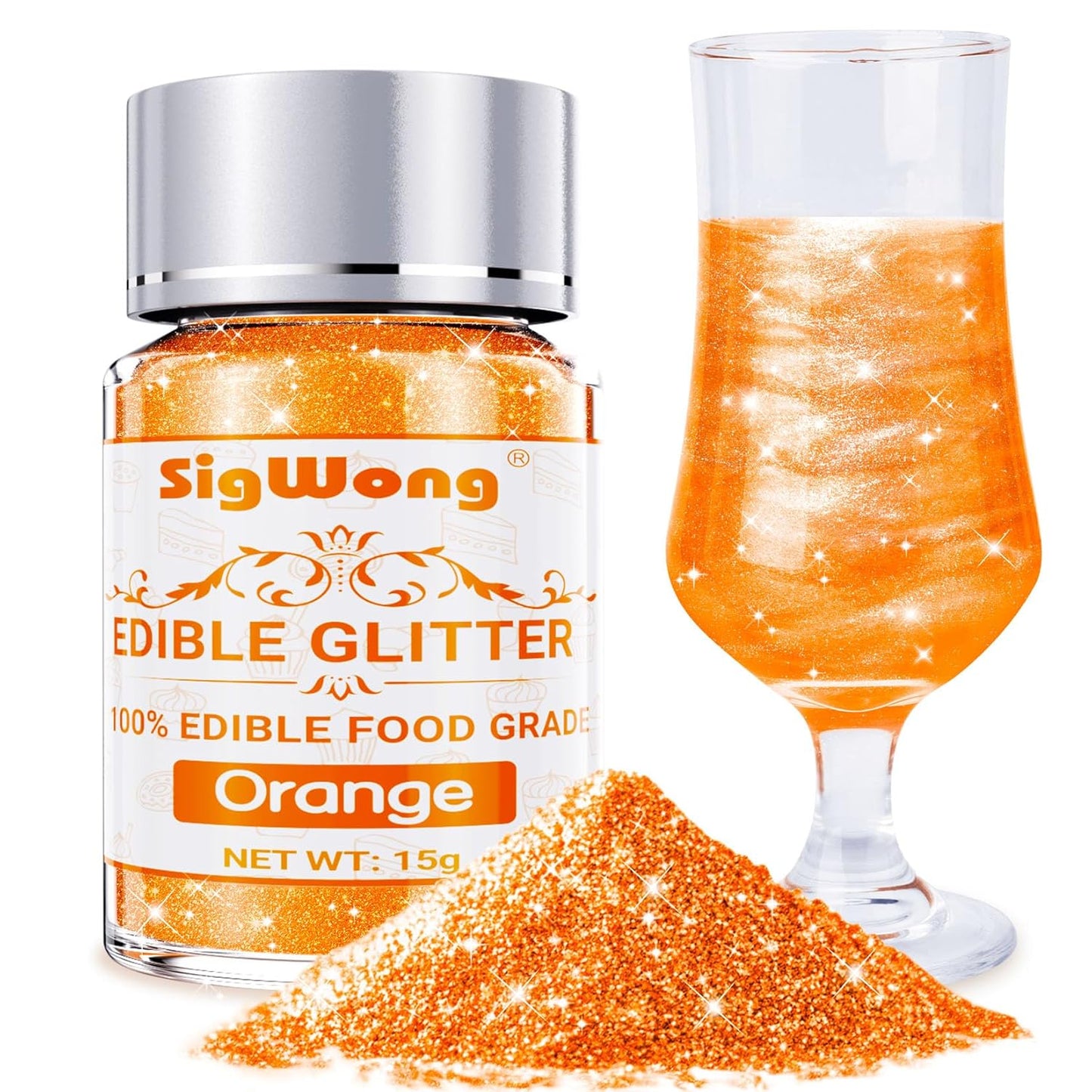 Orange Edible Glitter - 15g Food Grade Luster Dust Powder, Cake Decorating Sprinkle Glimmery Dust for Drinks, Wine, Fondant, Chocolate, Candy, Cookie, Vegan