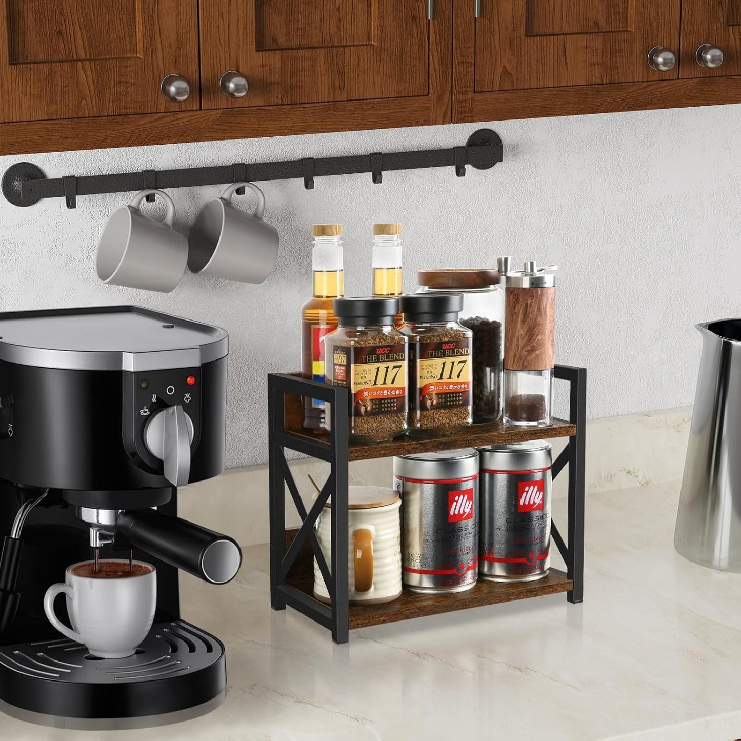 YINMIT Countertop Shelf Organizer,Coffee Bar Accessories,Spice Rack,Coffee Counter Shelf,2 Tier Coffee Organizer Station for Mugs,Cups,Cream,Syrup(Rustic Brown, Small)