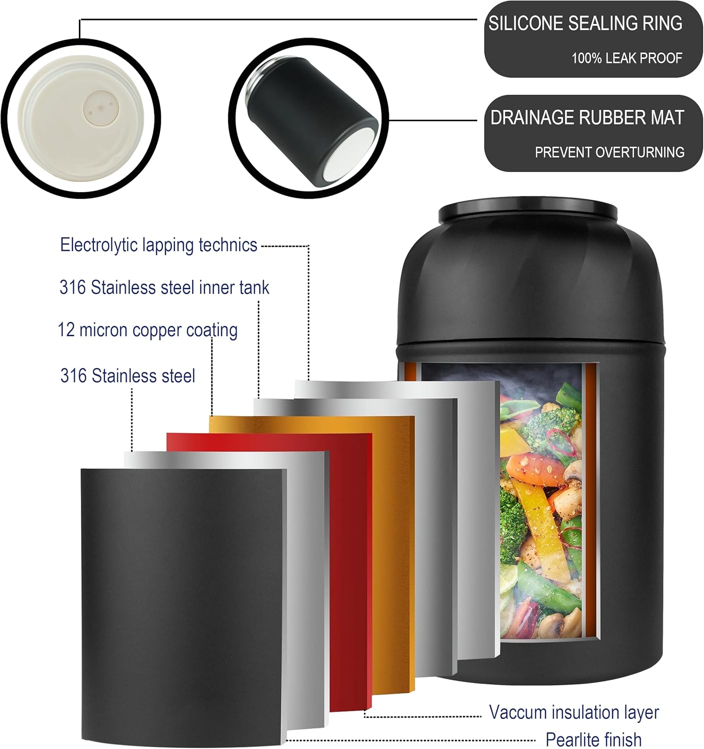 Soup Thermo for Hot Food & Drinks, Thermo Lunch Box for Kids, 17oz Vacuum Insulated Food Container with Spoon&&Drawstring Bag, Soup Therm for Adults,Black&White