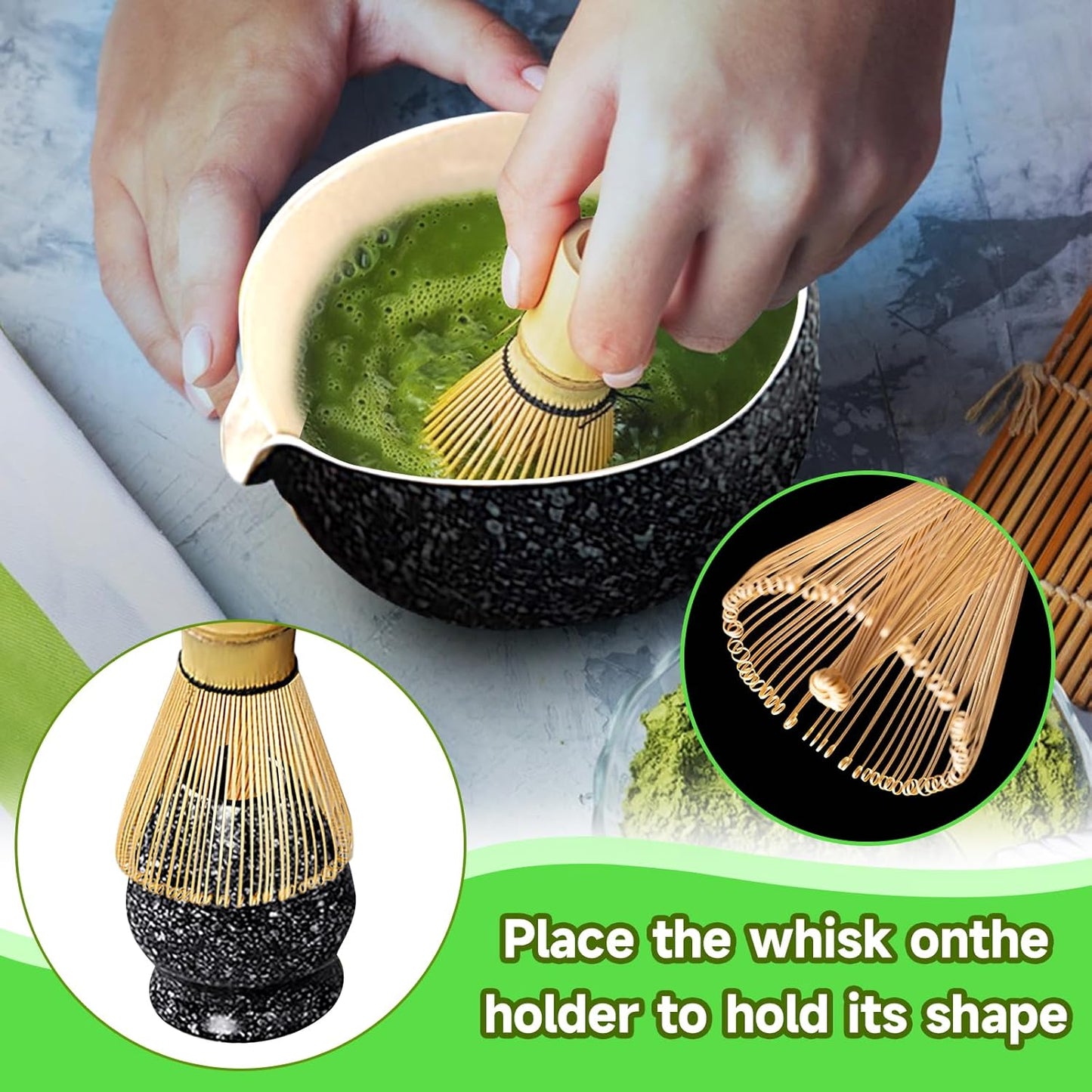 Matcha Set, 6 Pcs Matcha Whisk Set with 20 oz Bowl, Bamboo Whisk for Matcha Tea, Matcha Bowl, Ceramic Matcha whisk Holder, Stainless Sifter and Scoop - Gift for matcha kit Lovers（Black）
