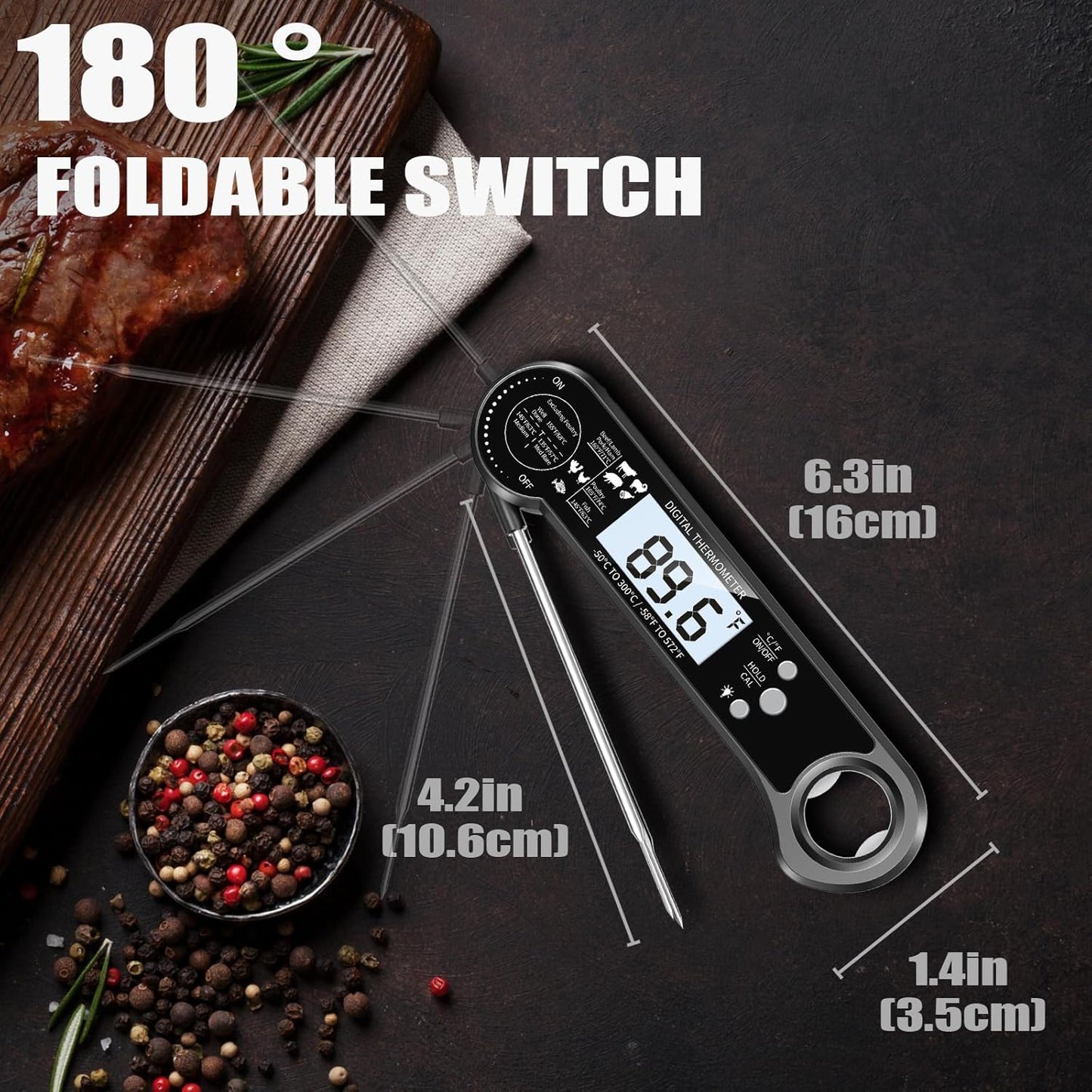 Digital Meat Thermometer, Instant Read Food Thermometer with Backlight & Hold Function，Magnetic, LCD Display, 180° Foldable, Kitchen Appliances Essentials for BBQ，Gifts for Men Him Dad Birthday