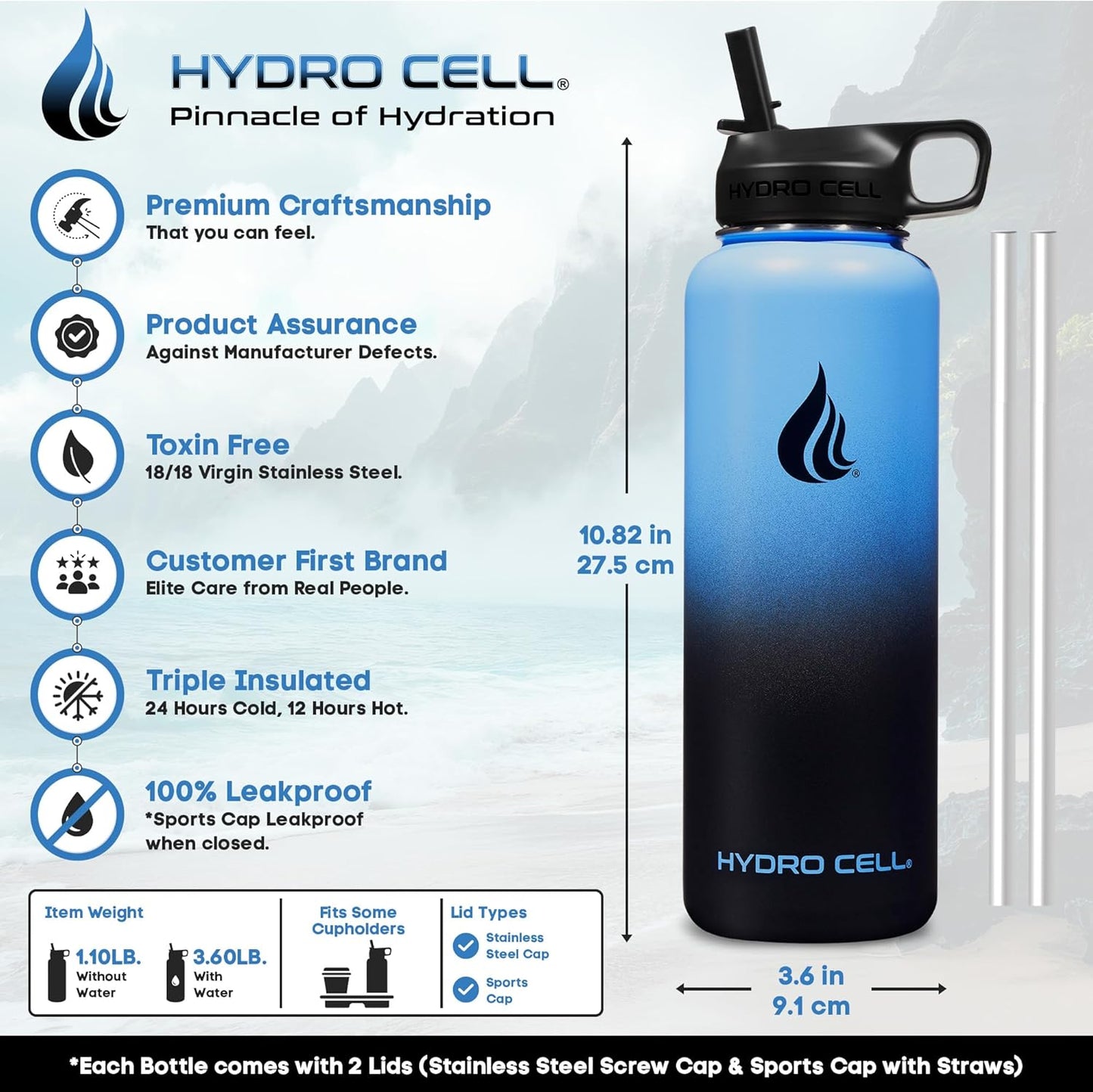 HYDRO CELL Stainless Steel Insulated Water Bottle with Straw - For Cold & Hot Drinks - Metal Vacuum Flask with Screw Cap and Modern Leakproof Sport Thermos for Adults (Blue/Black 40oz)