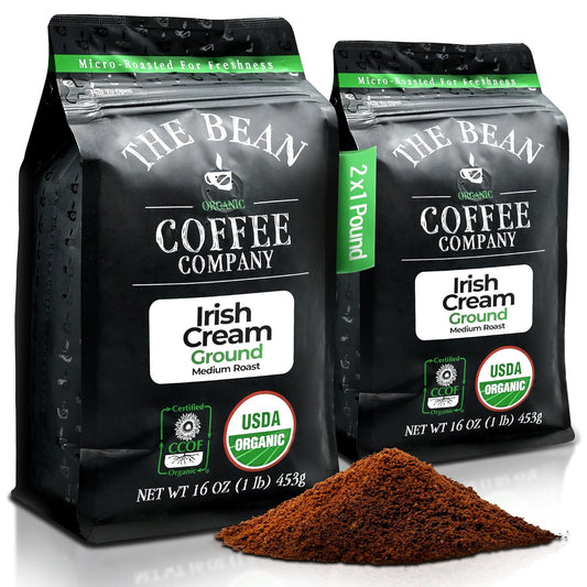 The Bean Organic Coffee Company Irish Cream, Medium Roast, Ground Coffee, 16-Ounce Bags (Pack of 2), Café molido tostado orgánico