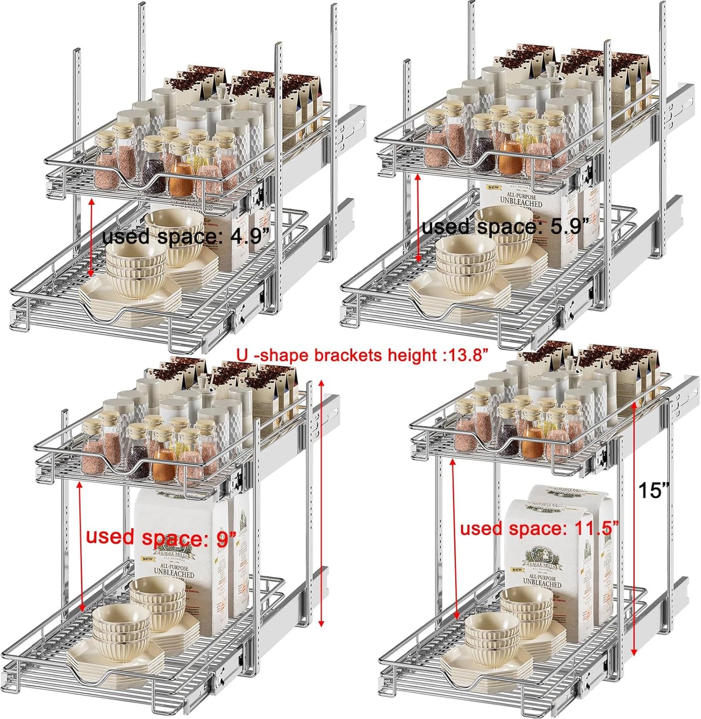 DINDON Pull Out Cabinet Organizer (14" W X 21" D), Cabinet Pull Out Shelves, 2 Tier Pull Out Drawers for Kitchen Cabinets, Wire Basket Slide Out Shelf for Cabinet Organization in Kitchen, Pantry