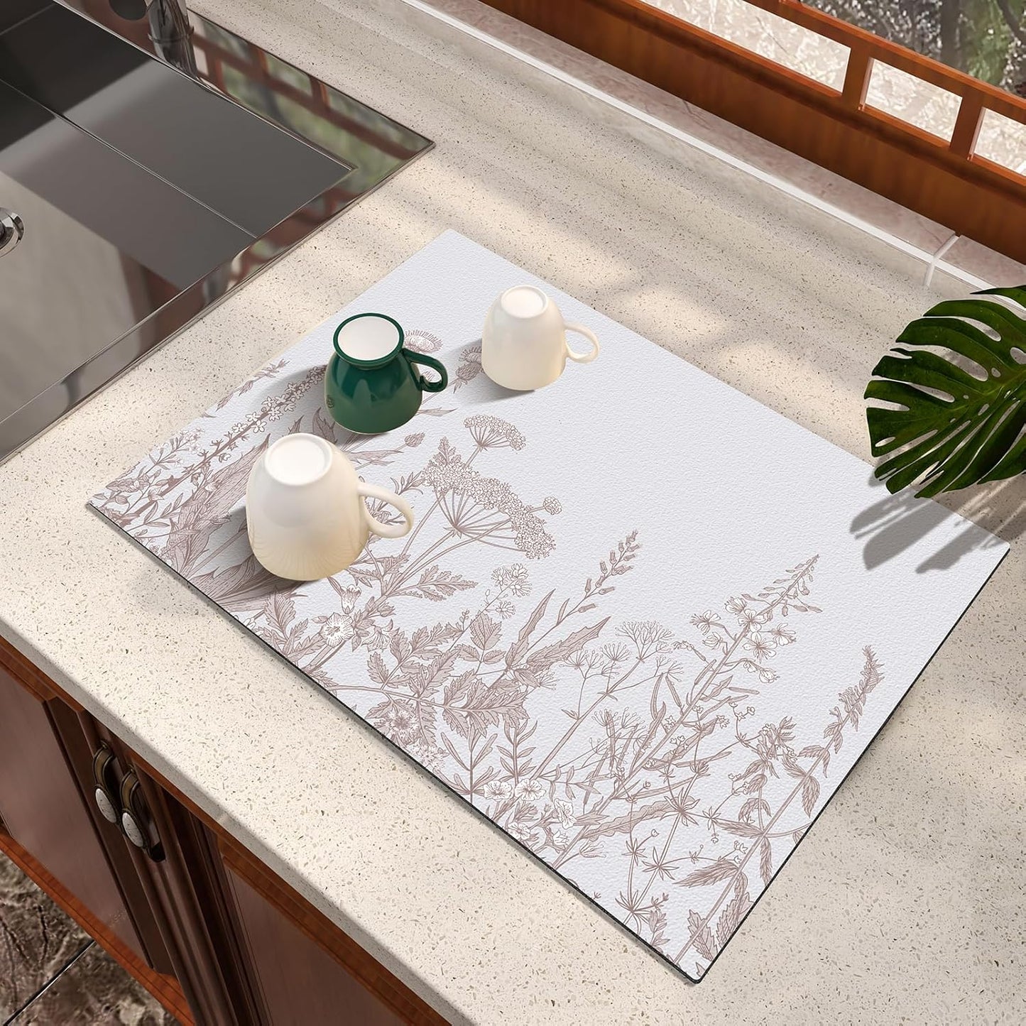 Dish Drying Mat Absorbent Coffee Mat Rubber Backed Soft Silicone Kitchen Drying Mat for Kitchen Bathroom Coffee Bar (Plants, 16 x 24 Inches)