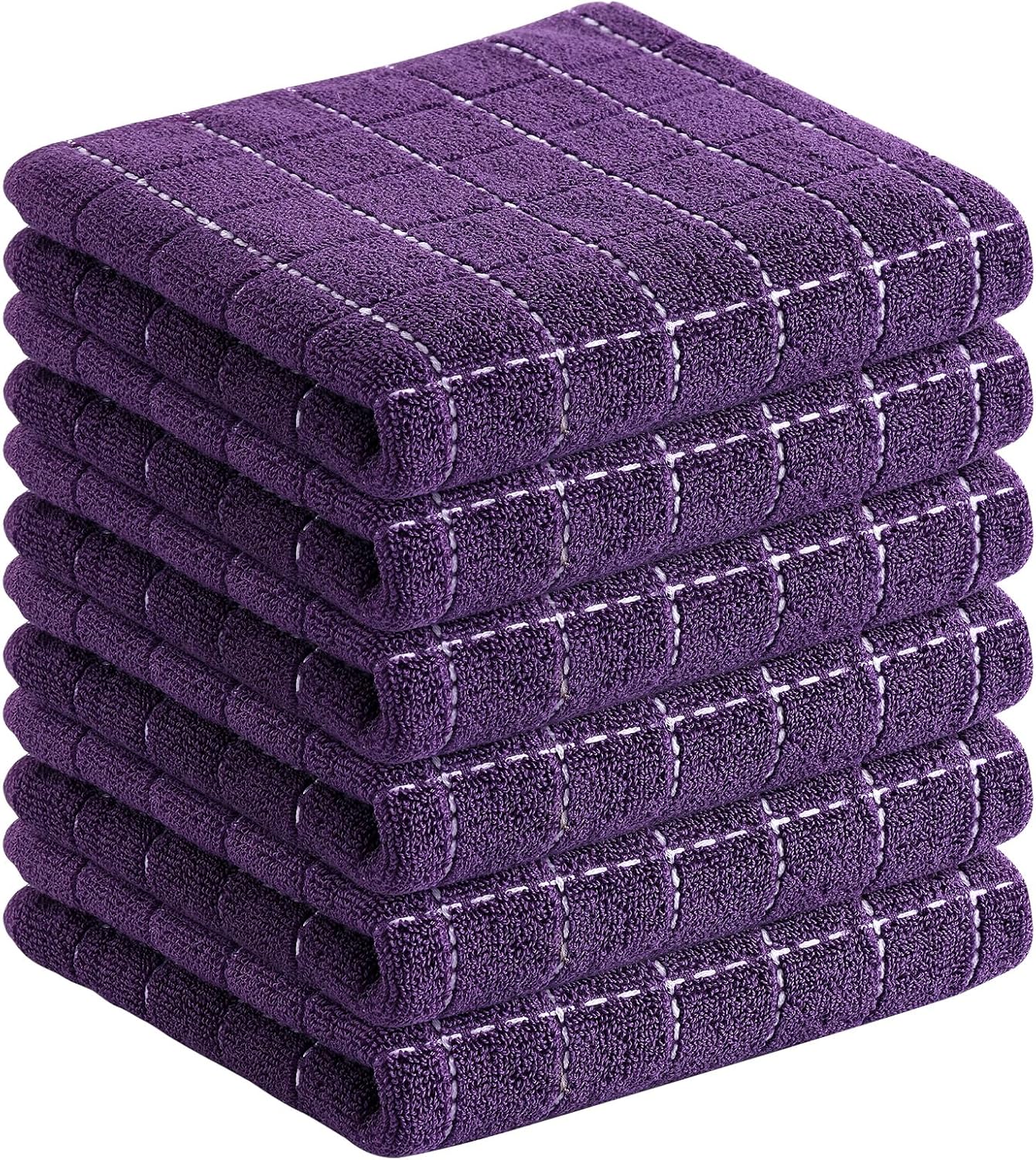 Homaxy 100% Cotton Terry Kitchen Towels(Purple, 13 x 28 inches), Checkered Designed, Soft and Super Absorbent Dish Towels, 6 Pack