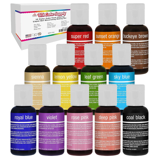 U.S. Cake Supply 12 Color Cake Food Coloring Liqua-Gel Decorating Set - .75 fl. Oz. (20ml) Bottles Primary Colors