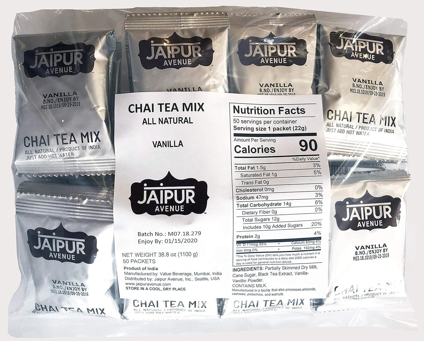 Jaipur Avenue Vanilla Chai Tea Mix Crafted with All-Natural Assam Black Tea, Vanilla, Cane Sugar, and Premium Dry Milk - Preservative-Free, Gluten-Free, Authentic Indian Chai Tea Latte (50-Count Bag)