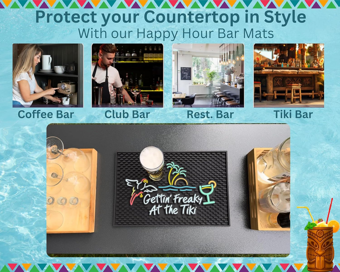 Gettin Freaky at The Tiki Sign with Flying Parrot, Palm Tree and Cocktail Tiki Bar Mats for Countertop 18 x 12in, Coffee Station Mat and Coffee Bar Mat, Aloha, Hawaiian and Luau Party Decorations